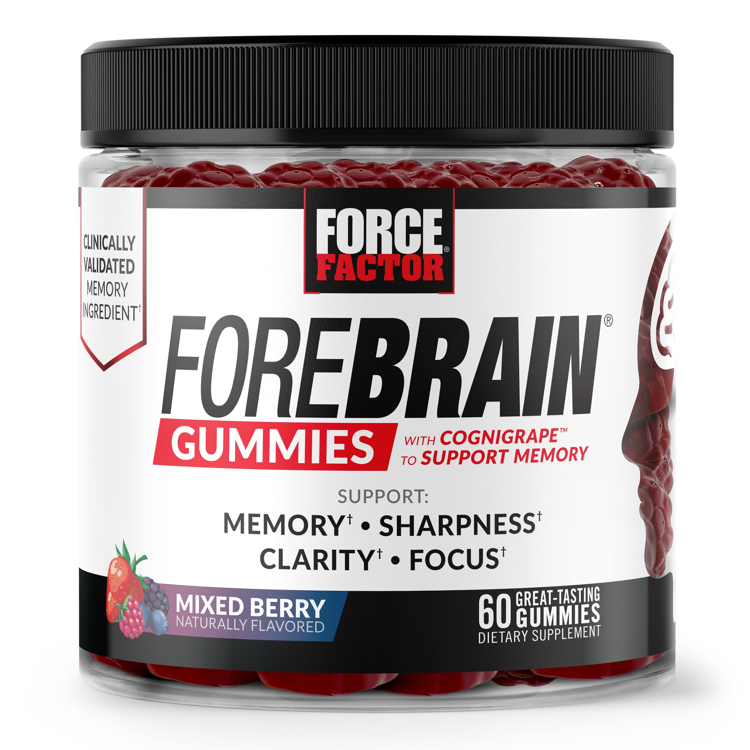 Force Factor Forebrain Gummies - Nootropic Brain Support Supplement for Memory & Focus | Brain Vitamins with COGNIGRAPE & Huperzine A | Focus Gummies to Enhance Recall & Mental Sharpness | 60 Count | Perfect for Students, Professionals & Gamers