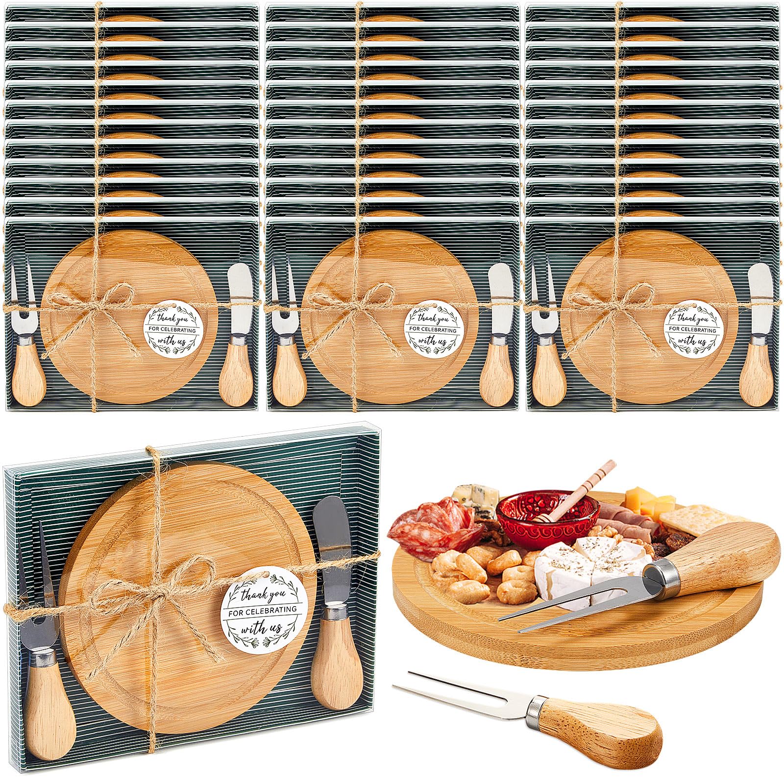 36-Piece Wooden Mini Charcuterie Board Set with Cheese Knives & Forks | Bridal Shower Party Favors, Baby Shower Gifts | Includes Thank You Tags & Gift Box | Perfect for Wedding Receptions, Engagement Parties & Hostess Gifts (Bamboo)