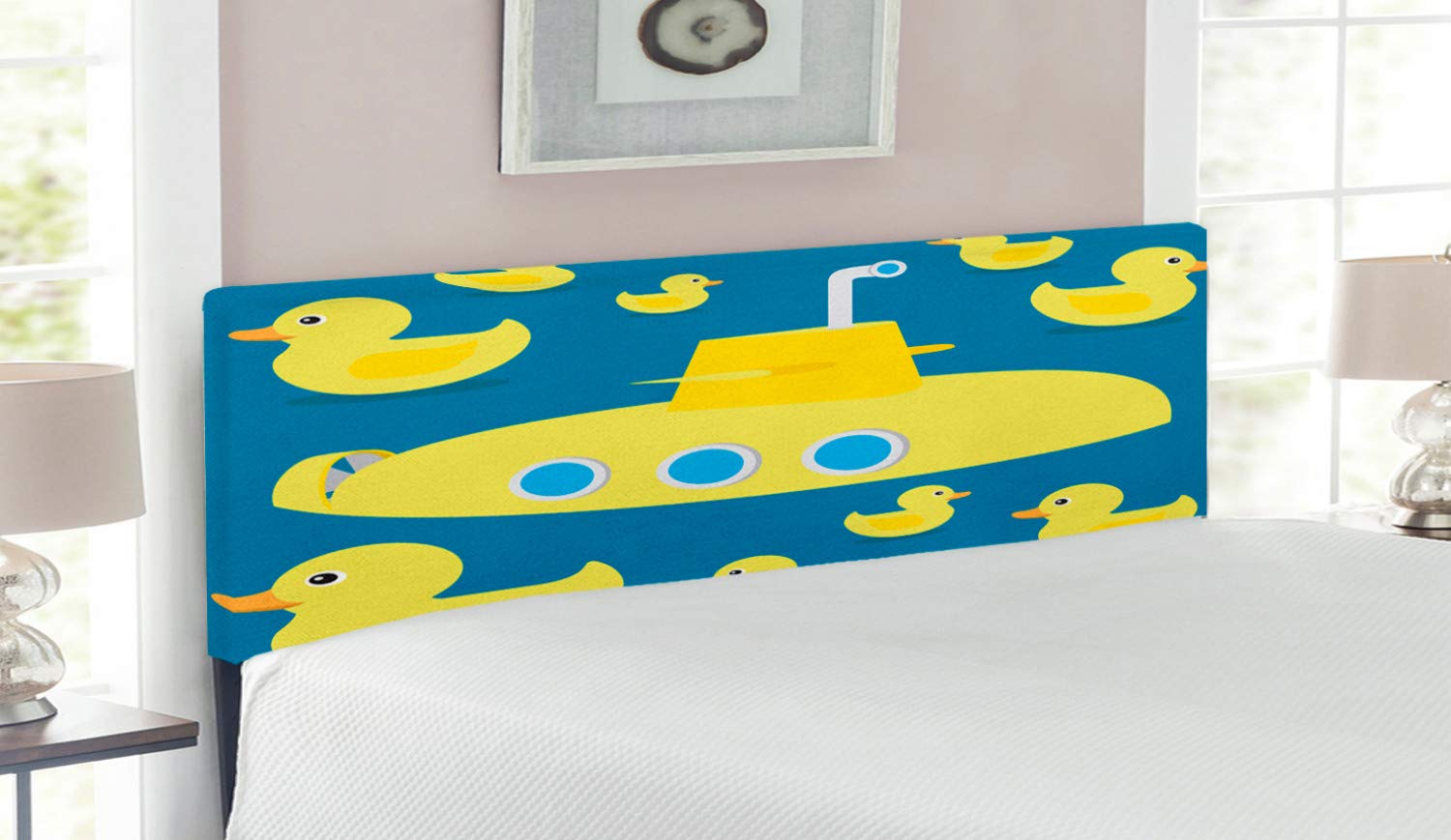 Ambesonne Rubber Duck Headboard - Nautical Print with Duckies Swimming in Sea & Submarine Party, Upholstered Metal Bed Headboard with Memory Foam, Queen Size Navy Blue - Perfect for Kids' Bedroom, Nursery or Beach-Themed Decor