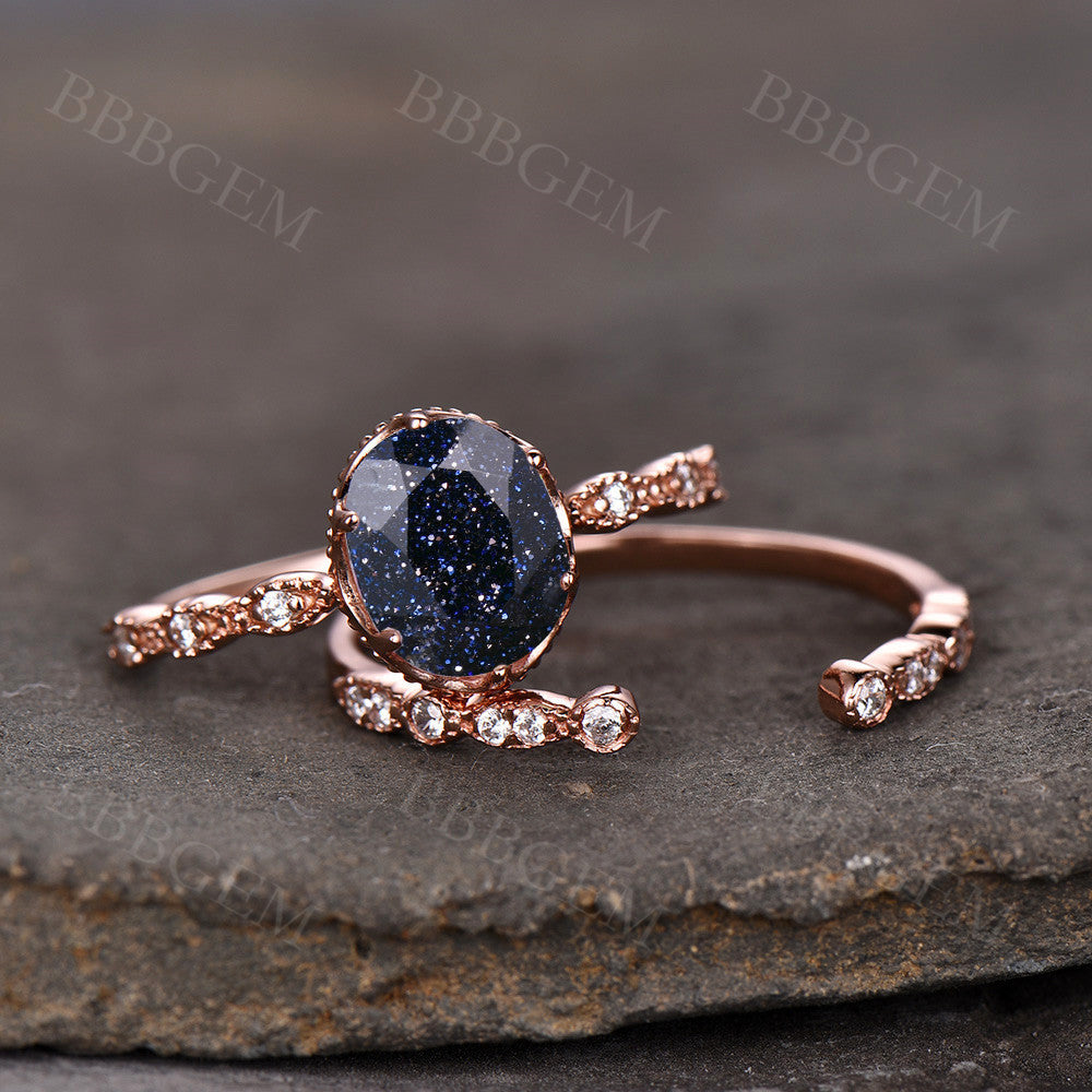Pink Gold Blue Sandstone Bridal Set - 8X10mm Oval Cut Blue Sandstone Wedding Ring with Diamond Band for Women | Elegant Engagement, Promise, or Anniversary Jewelry Gift