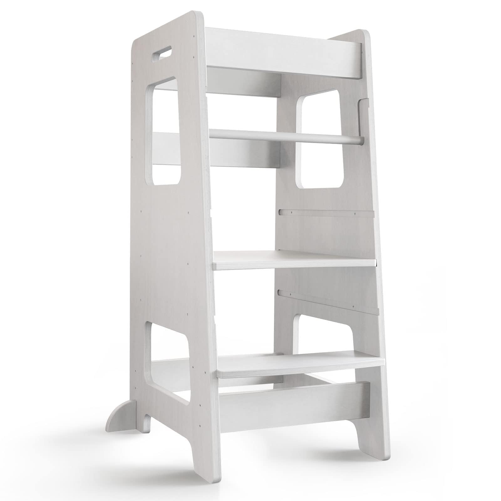 WOOD CITY Adjustable Toddler Step Stool with Safety Rail - White Kitchen Learning Tower for Kids, Height Adjustable Standing Stool for Counter, Sink & Bathroom - Perfect for Cooking, Washing Hands & Brushing Teeth