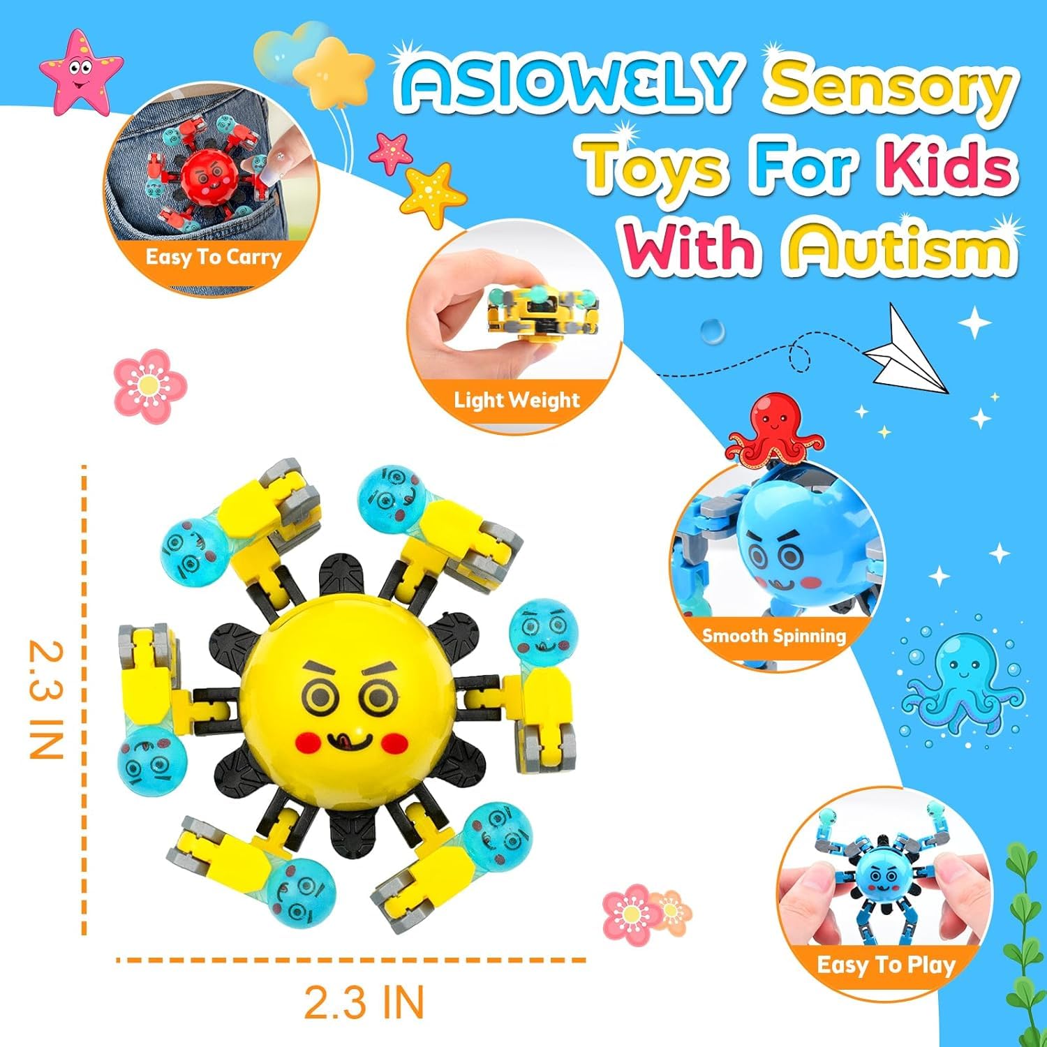 8-Pack Transformable Fidget Spinner Toys for Kids & Adults - Stress Relief Sensory Toys for Autism, ADHD & Anxiety - Perfect Easter Basket Stuffers, Birthday Gifts for Boys & Girls - Travel Games for Car, Office & Classroom Use