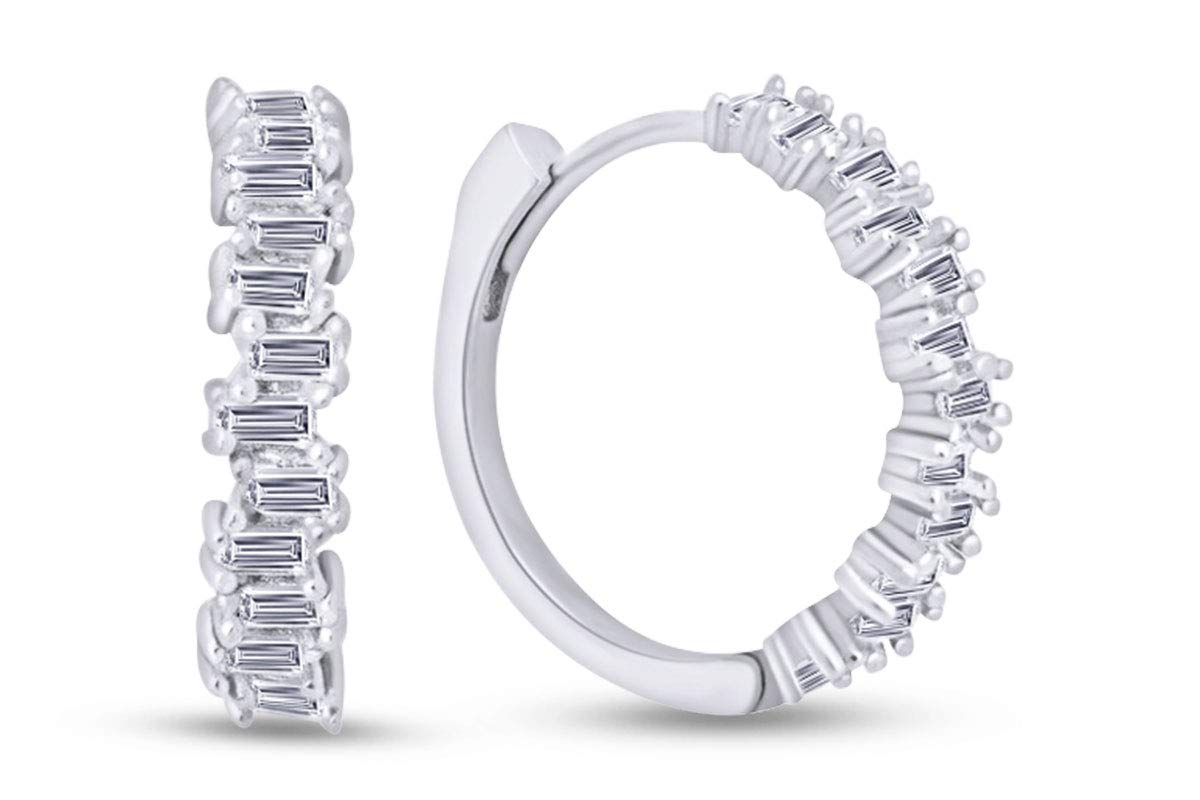 14K Gold & 925 Sterling Silver Baguette Cut Cubic Zirconia Huggie Hoop Earrings for Women - Elegant Everyday Wear, Gift for Her, Wedding & Party Jewelry