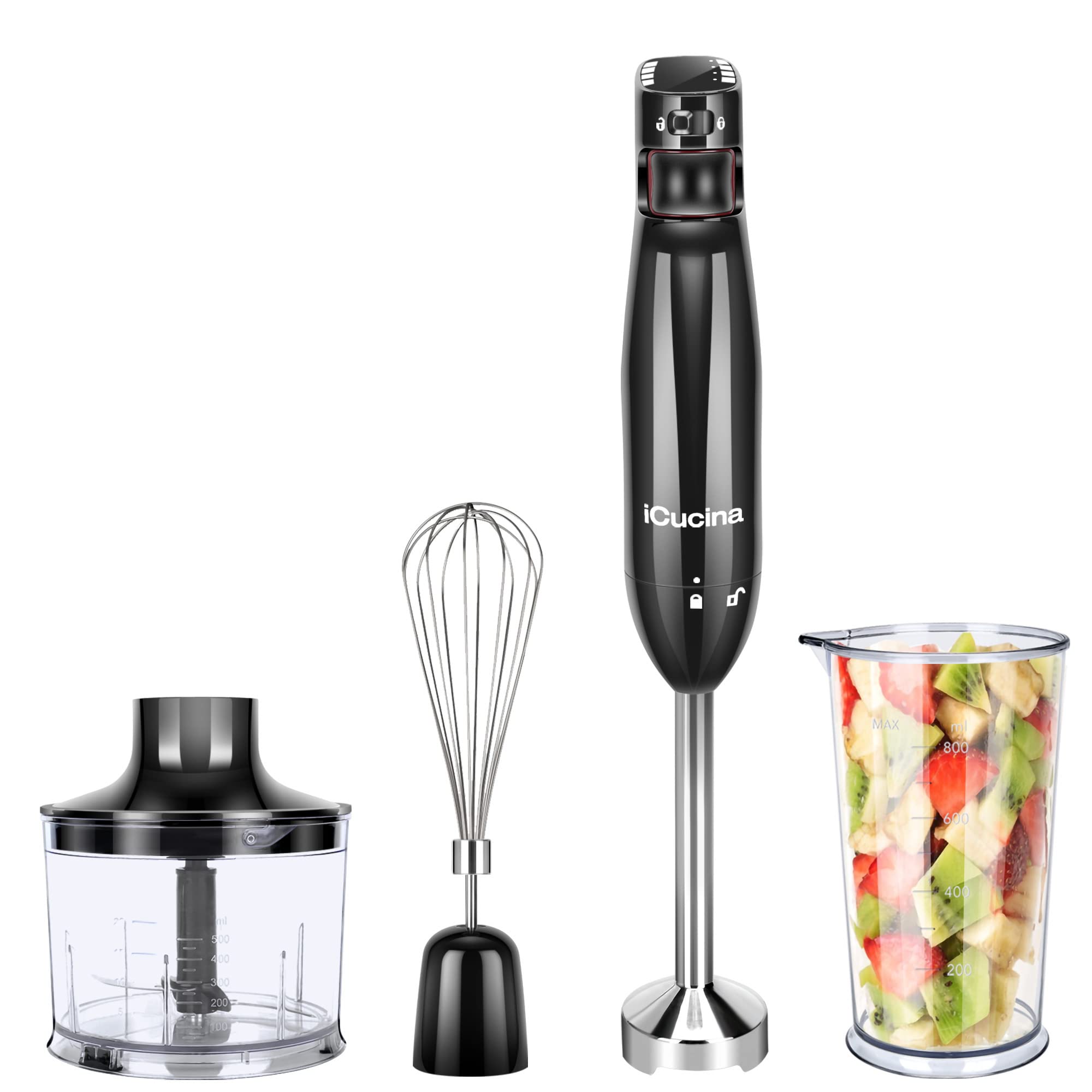 iCucina 4-in-1 Variable Speed Immersion Hand Blender - 400W Powerful DC Motor, One-Touch Control with Whisk, Beaker & Chopper Attachments - Perfect for Smoothies, Soups, Baby Food & Baking - Black