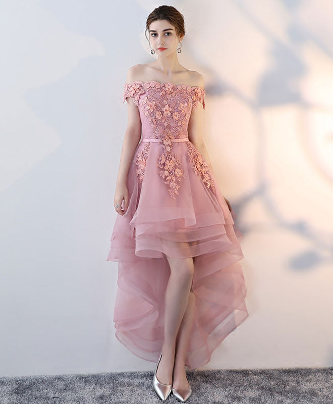 Elegant Pink Lace High-Low Prom Dress for Homecoming - Perfect for Formal Dances, Graduation Parties & Special Occasions