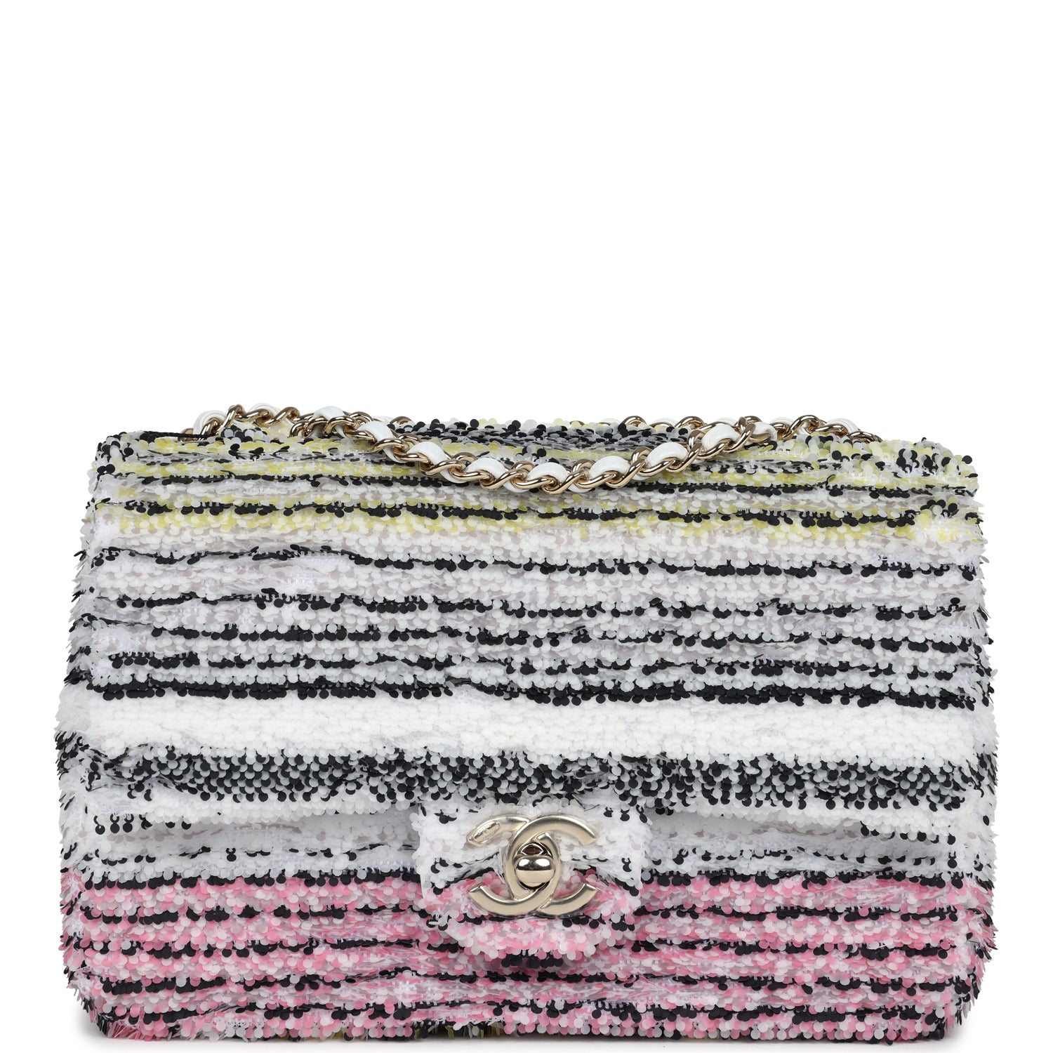 Chanel Mini Rectangular Flap Bag White Multicolor Sequin Light Gold Hardware - Perfect for Evening Parties & Special Occasions