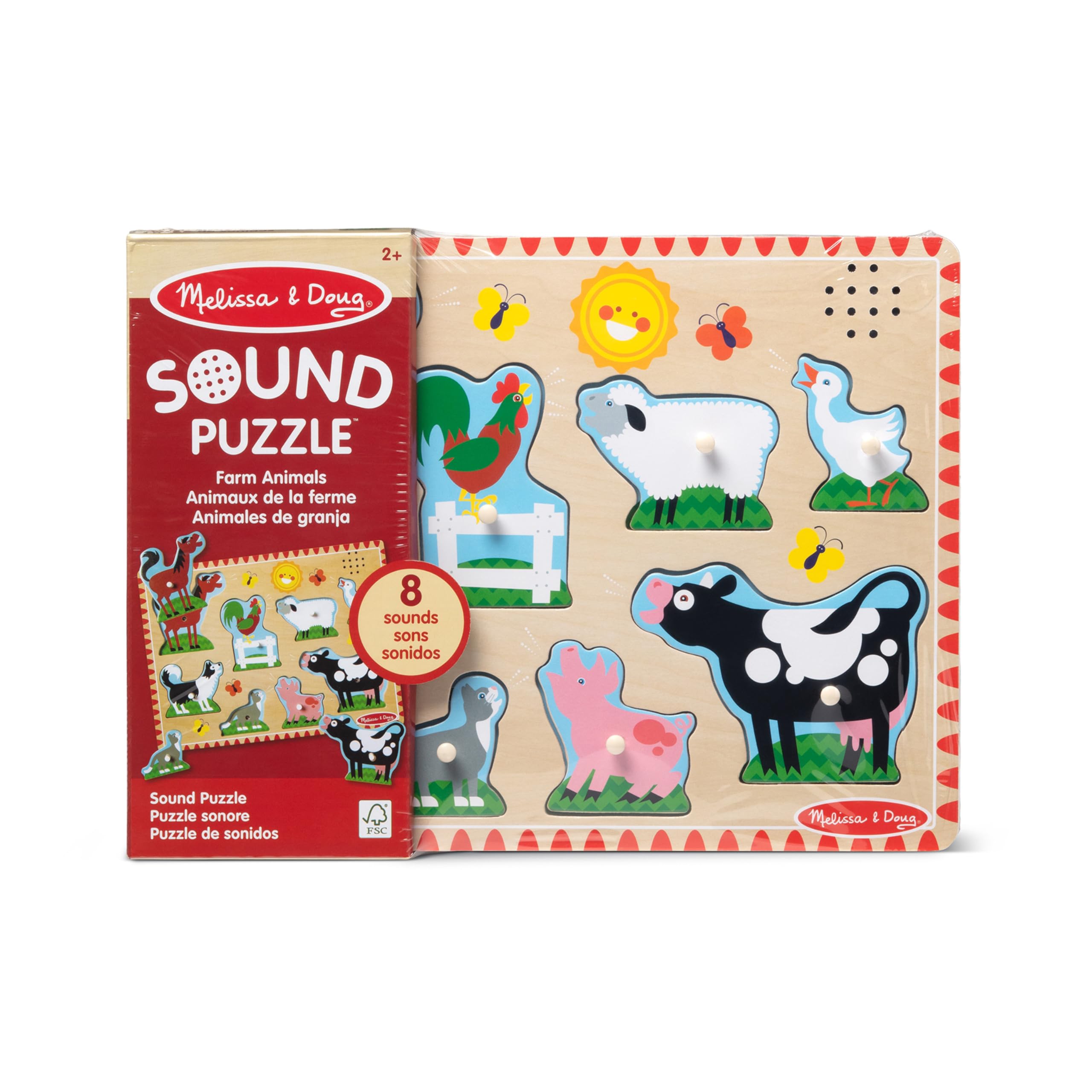 Melissa & Doug Farm Animals Sound Puzzle - Wooden Peg Puzzle with 8 Pieces & Realistic Animal Sounds - Educational Toddler Toy for Learning & Playtime Fun