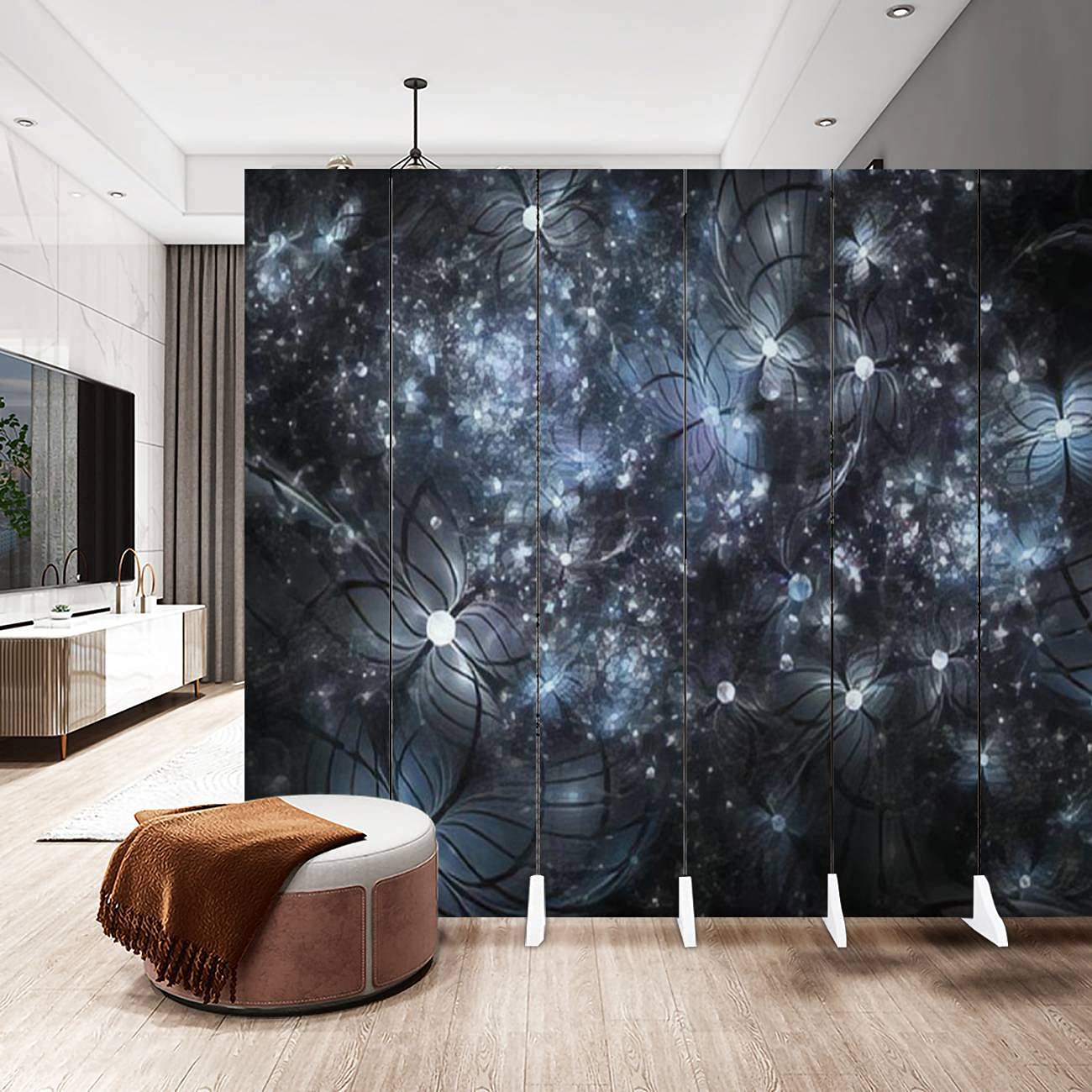 6-Panel Canvas Room Divider Screen - Abstract Exotic Grey & Blue Floral Black Fantasy Fractal Design | Folding Privacy Partition for Bedroom, Office & Studio | Room Separator & Wall Decor