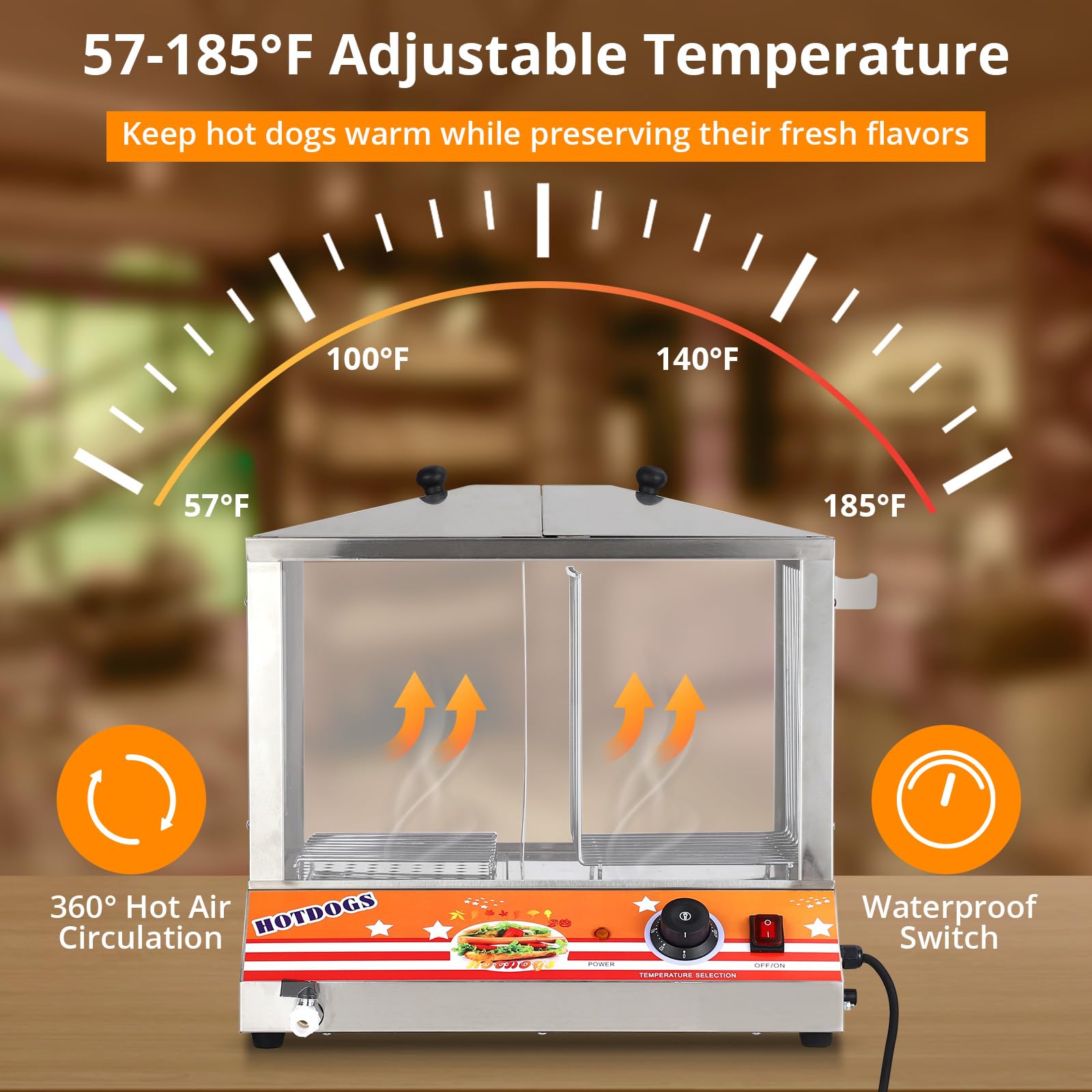 GARVEE 36L Commercial Hot Dog & Bun Steamer - Adjustable Temperature Stainless Steel Food Warmer for Restaurants, Food Trucks & Catering Events