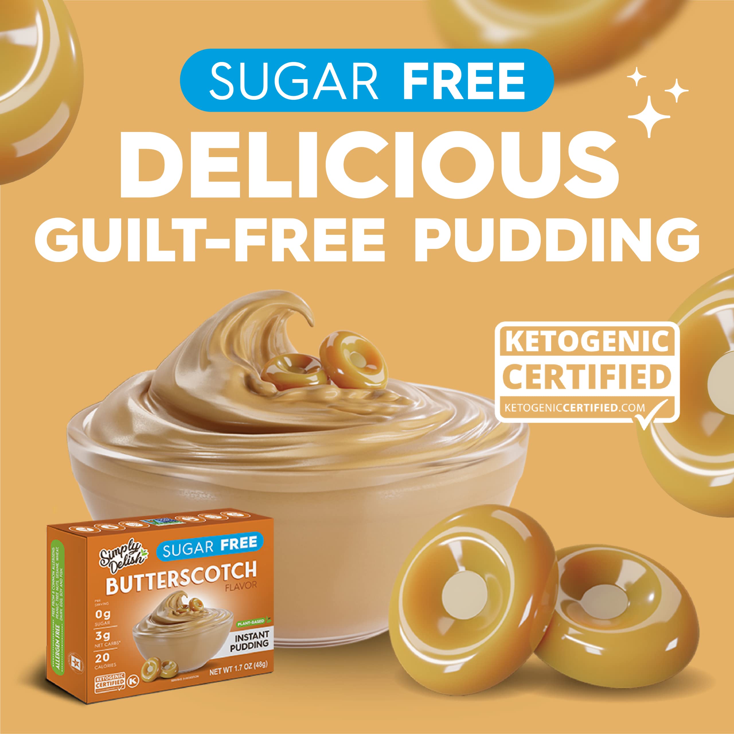 Sugar-Free Butterscotch Instant Pudding Mix (6-Pack, 1.7 Oz Each) | Keto, Vegan & Diabetic-Friendly Healthy Dessert | Kosher Certified | Perfect for Snacks, Baking & Low-Carb Diets