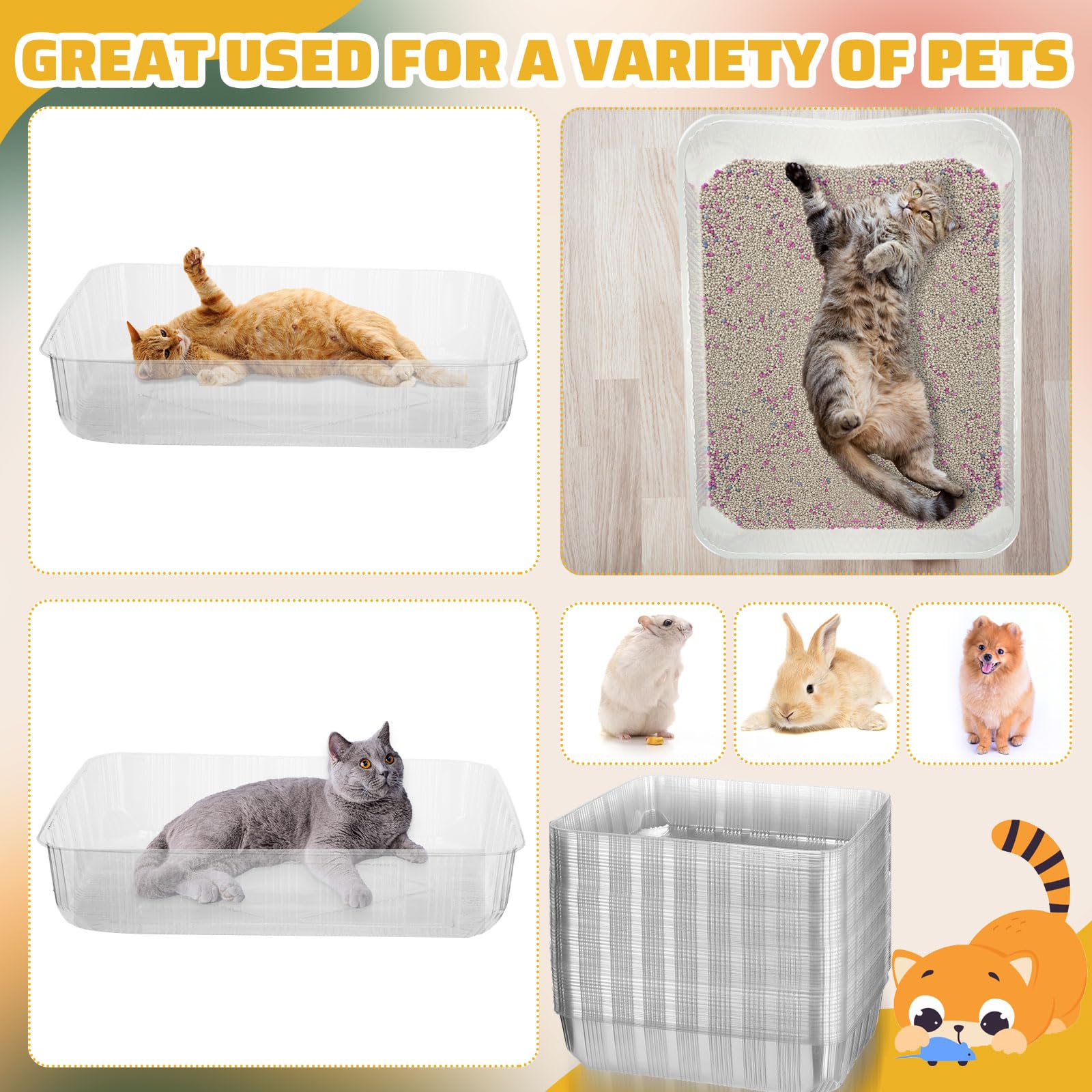 Zubebe 50 Pack Disposable Cat Litter Boxes - Large 19.69 x 15.75 x 3.94 Inch Plastic Litter Trays for Indoor Cats, Travel & Home Use - Portable, Lightweight & Convenient (Clear) - Perfect for Daily Use, Camping & Road Trips