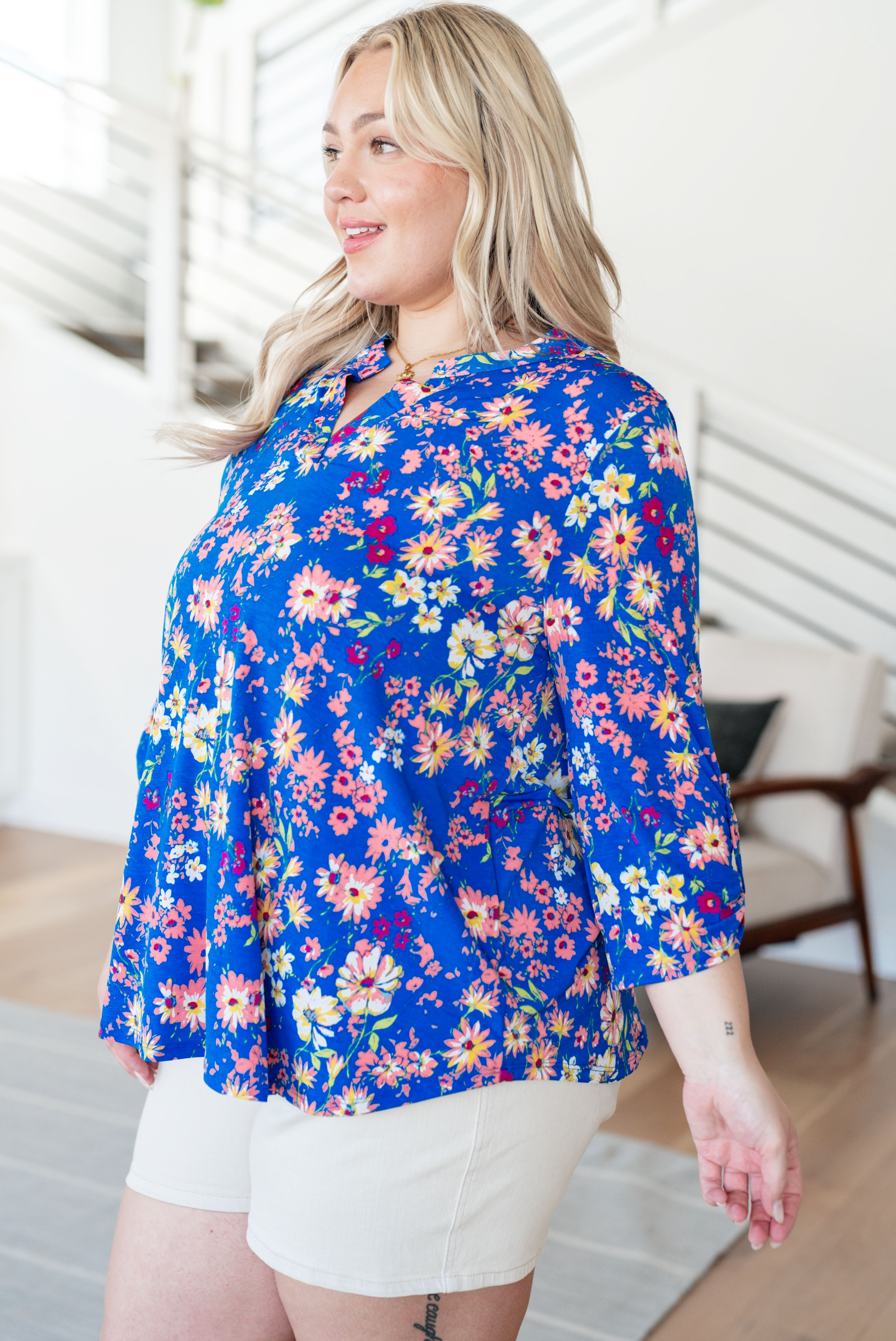 Lizzy Top - Royal & Blush Floral Print Women's Blouse | Perfect for Casual Outings, Date Nights & Spring Fashion
