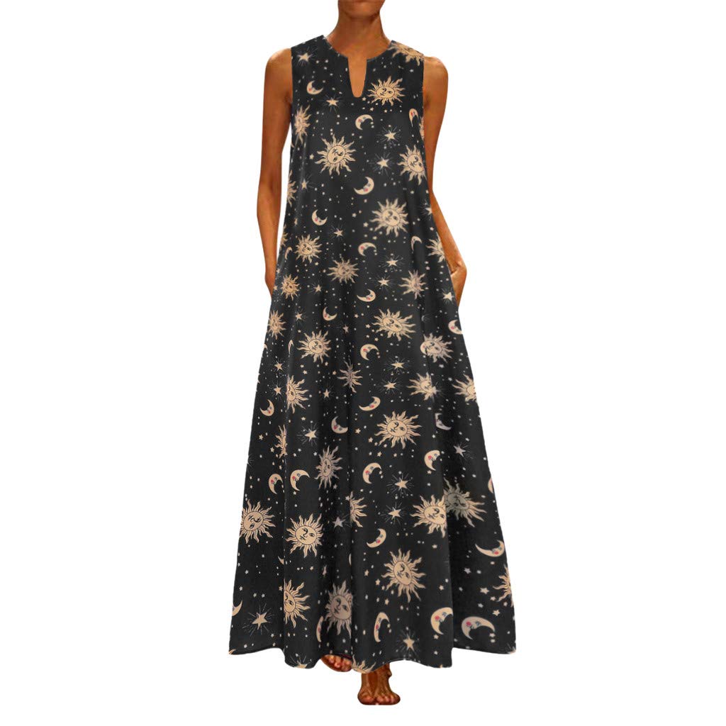 Women's Casual Summer Dresses - V Neck Loose Bohemian Sleeveless Long Maxi Dress for Beach, Party & Vacation | Lightweight Flowy Outfit for Outdoor Activities