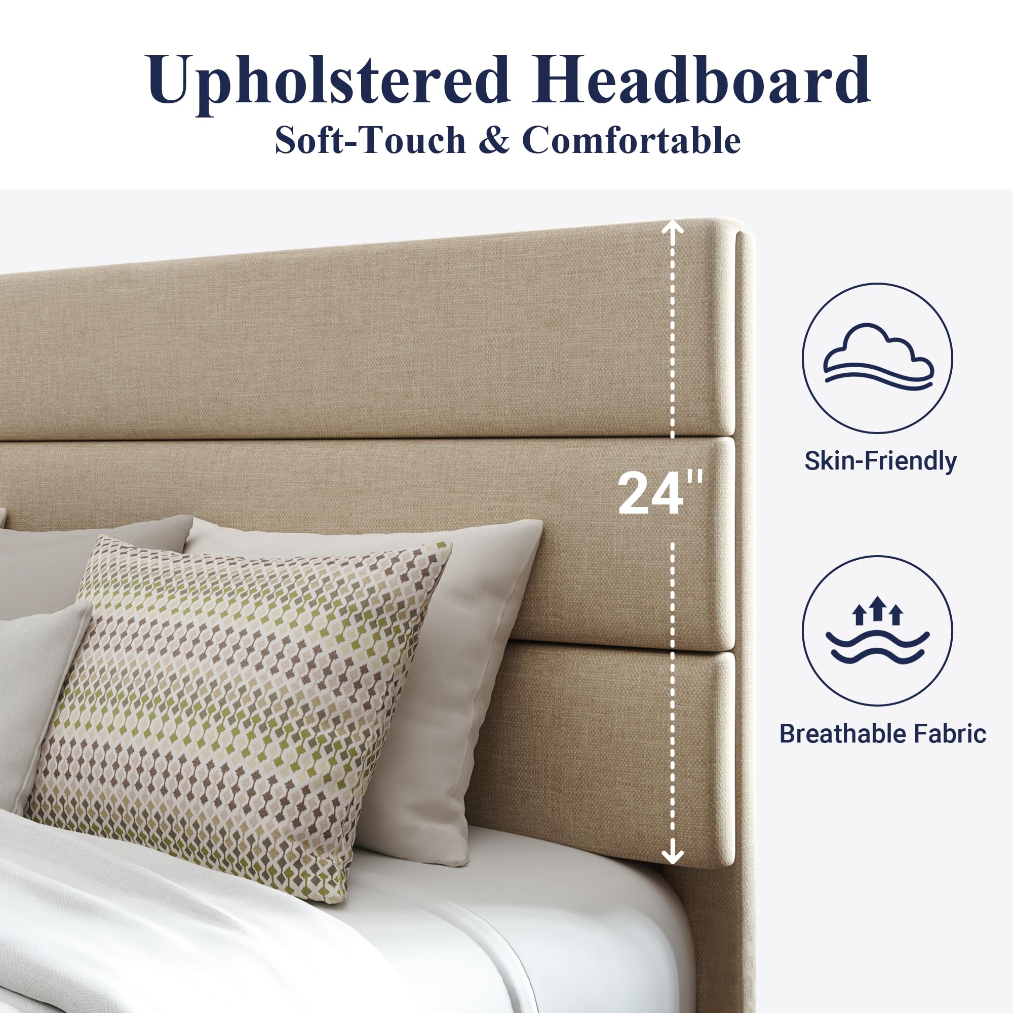 Allewie Queen Size Platform Bed Frame with Fabric Upholstered Headboard & Wooden Slats - No Box Spring Needed, Easy Assembly, Beige - Modern Bedroom Furniture for Small Spaces & Guest Rooms