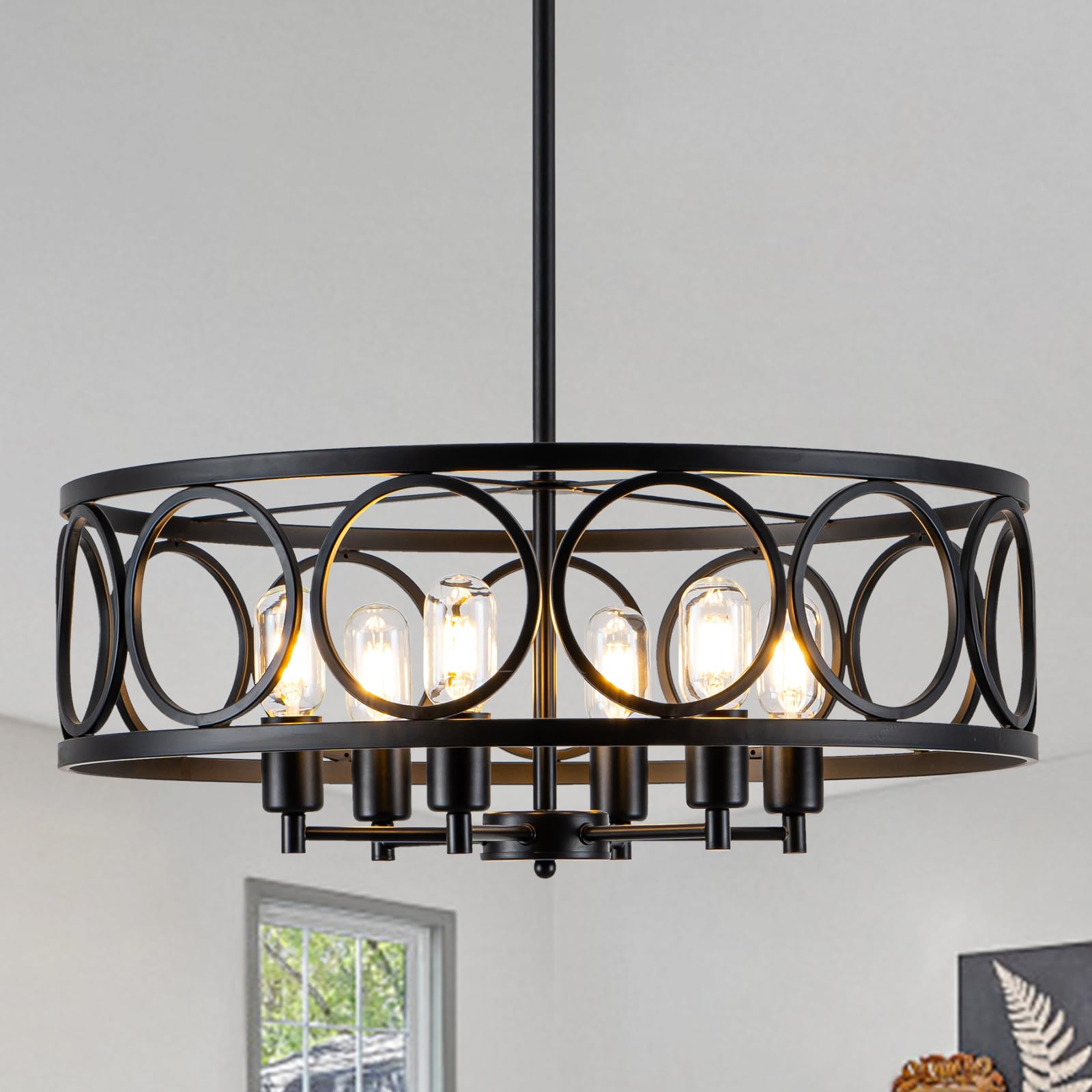 Black Farmhouse Chandelier - 6-Light Rustic Drum Dining Room Pendant Light - 23.6