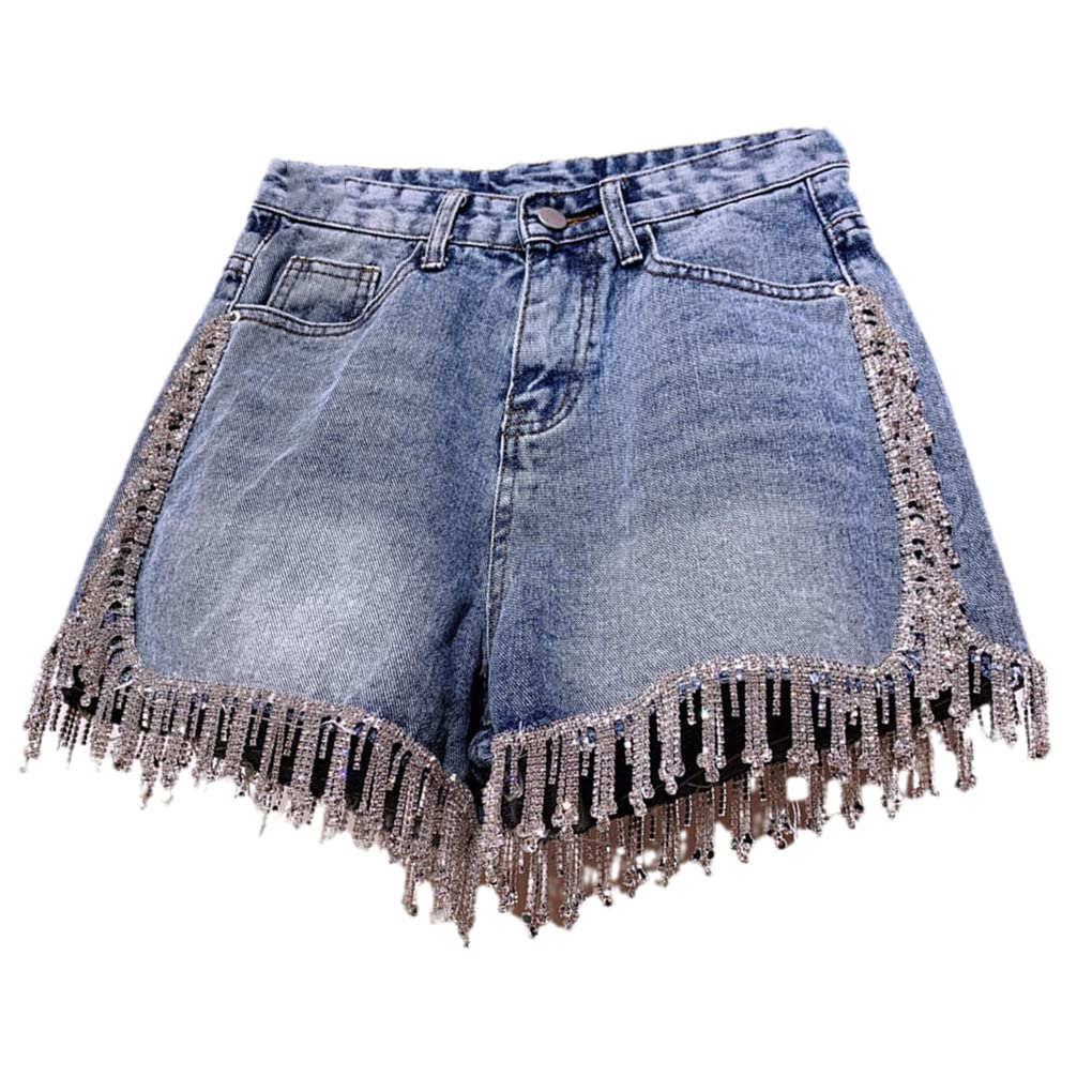 Sparkling Rhinestone Fringed High Waist Denim Shorts for Women - Stylish Diamond Tassel Embellished Jean Shorts | Perfect for Summer Outfits, Music Festivals & Night Out Parties