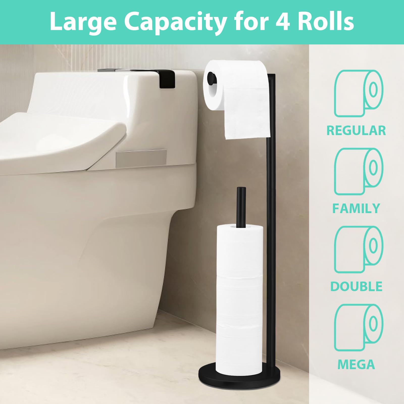 Free Standing Toilet Paper Holder Stand - Large Capacity Bathroom Tissue Roll Dispenser for 4 Rolls with Reserve Storage | Matte Black Finish | Perfect for Home, Office & RV Bathrooms