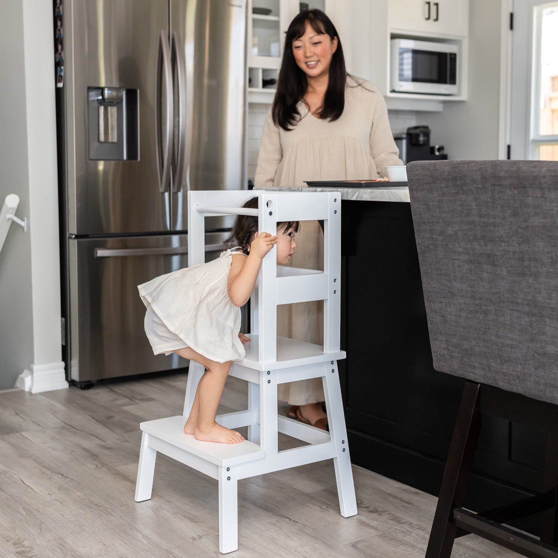 Montessori Learning Tower for Toddlers - Adjustable Wooden Step Stool with Safety Rails - Walnut & White Finish - Perfect for Kitchen, Baking, and Playtime