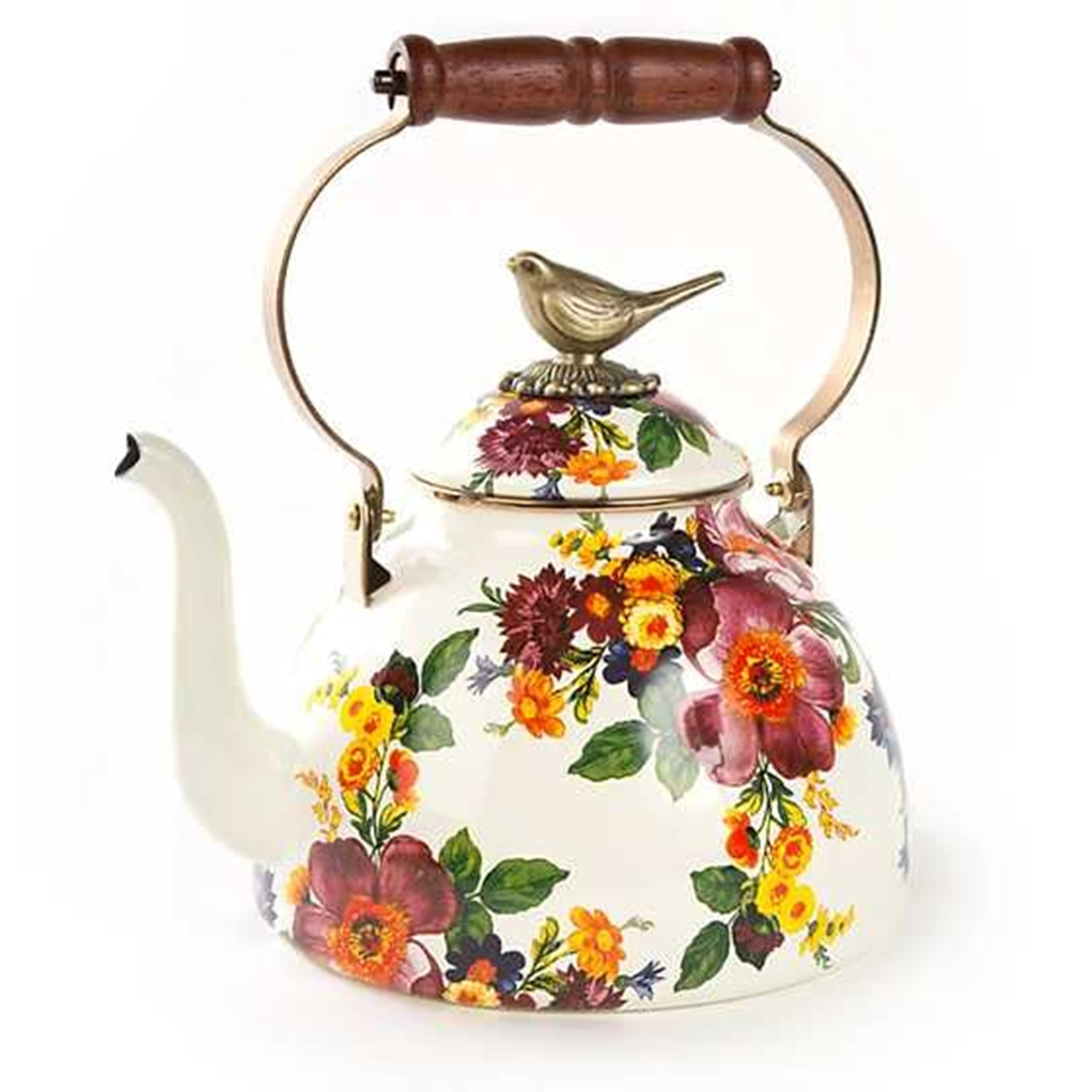 MACKENZIE-CHILDS Enamel Tea Kettle - 3-Quart Stovetop Kettle with White Flower Market Design & Bird Topper - Vintage Style Kitchen Decor for Tea Lovers - Perfect for Home, Office, and Gift Giving