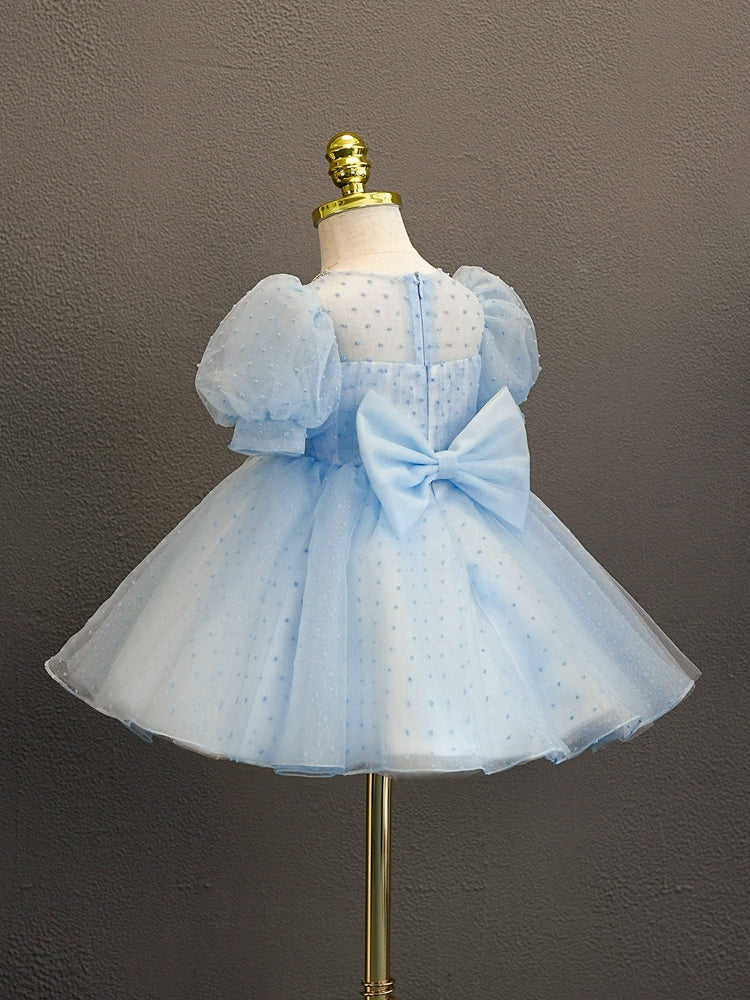 Royal Blue Princess Round Neck Tea-Length Tulle Flower Girl Dress for Weddings & Special Occasions