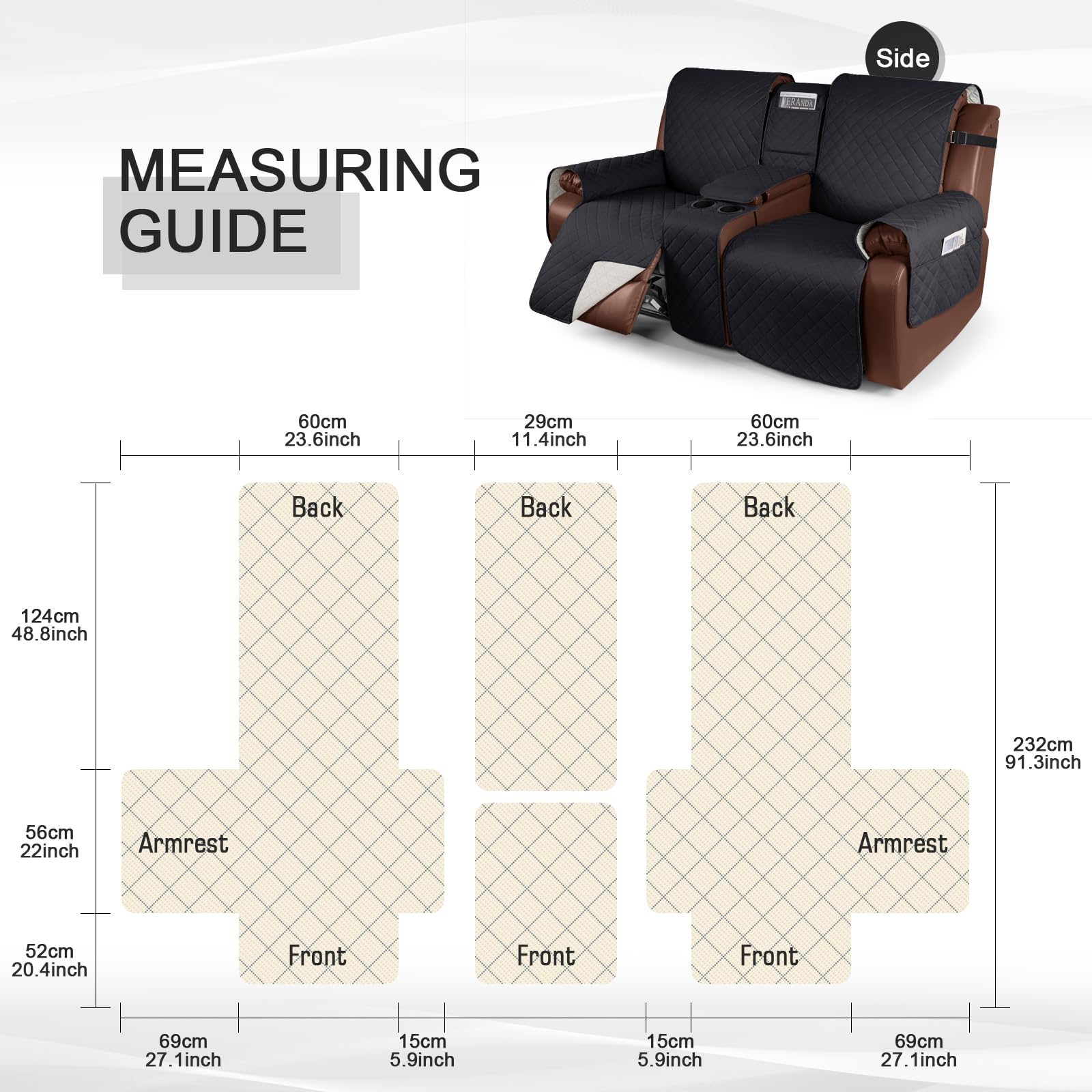 KinCam 100% Waterproof Recliner Sofa Cover with Console - Non-Slip 3-Seater Reclining Couch Cover - Elastic Straps Furniture Protector for Pets & Kids (Black) - Perfect for Living Room, Family Room & Pet-Friendly Homes