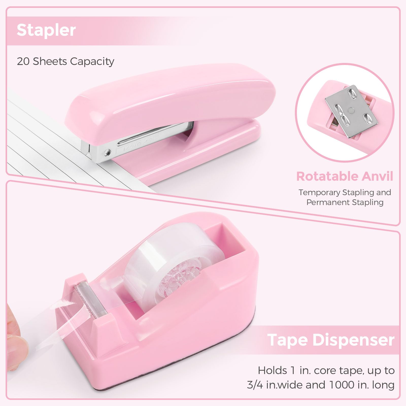 SKYDUE Pink Desk Organizer Set - Mesh Desk Accessories with Stapler, Tape Dispenser, Scissors, Binder Clips & 1000 Staples - Stylish Office Supplies for Women | Perfect for Home Office, School & Workspace Organization