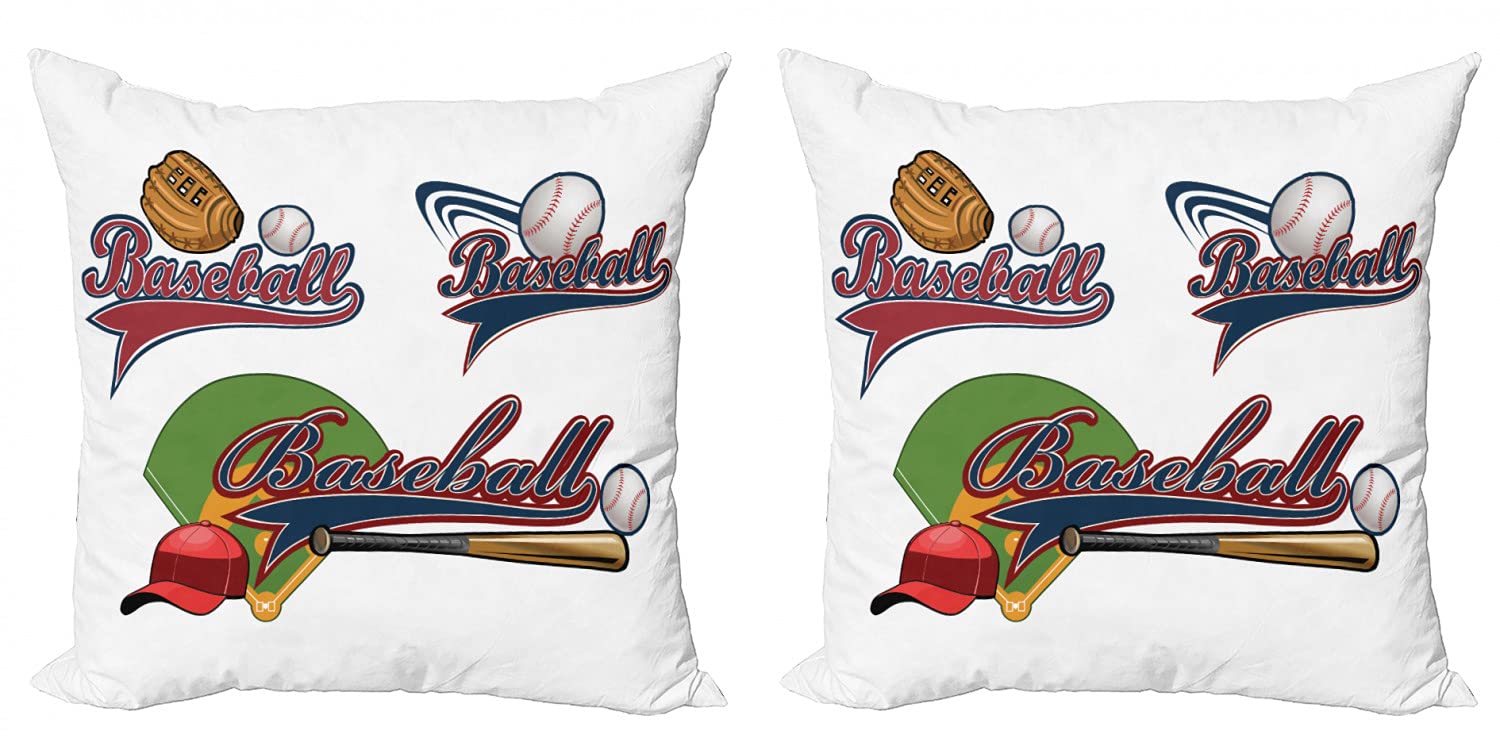 Ambesonne 2-Pack Sports Theme Decorative Throw Pillow Covers - Baseball Mitt, Bat & Ball Design - 20