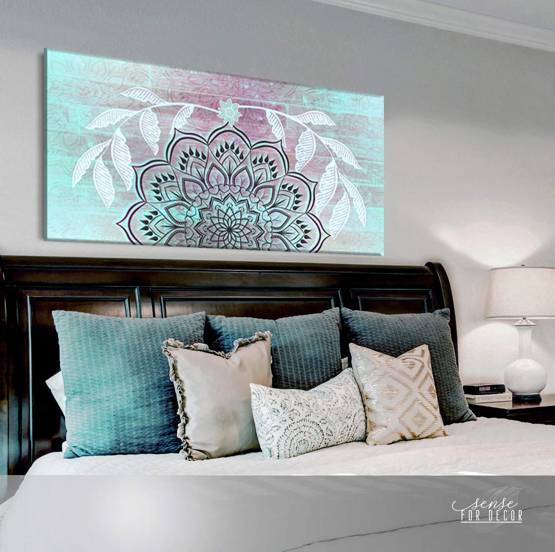 Boho Mandala Macrame Wall Hanging Art - Handmade Teal Inverted Wall Decor for Bedroom & Living Room - 60x27 Inches Boho Headboard Tapestry | Perfect for Meditation Spaces, Yoga Studios & Bohemian Home Decor
