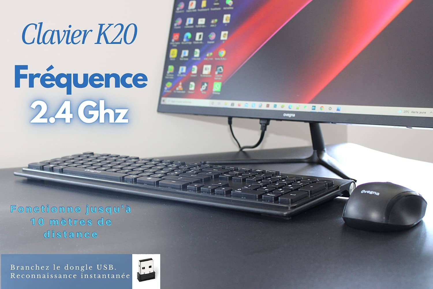 Ovegna K20 Wireless Keyboard and Mouse Combo, 2.4Ghz, AZERTY Layout for PC, Mac, Laptop, Smart TV, Mini PC, Raspberry Pi - Compatible with Windows, Linux, MacOS, Android - Perfect for Home Office, Gaming & Media Center Setup