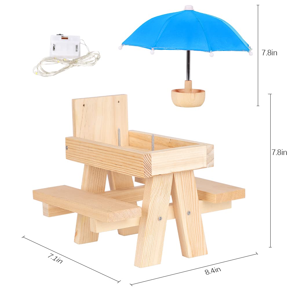 Outdoor Hanging Squirrel Feeder with Umbrella Cover & LED String Lights - Natural Wooden Picnic Table Style Bird Feeder with Water Bowl (Blue) - Perfect for Backyard Wildlife Watching & Garden Decoration