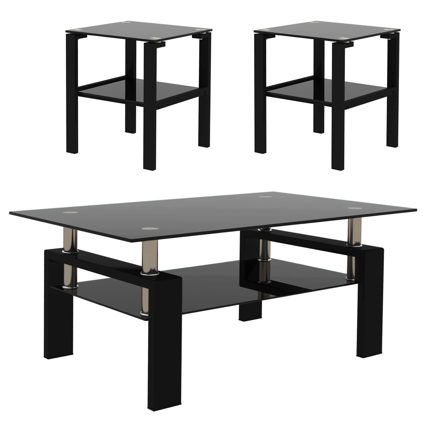Modern Black Tempered Glass Coffee Table and End Tables Set - 3-Piece Square 2-Tier Living Room Furniture for Home Office | Perfect for Small Spaces, Apartments & Contemporary Decor