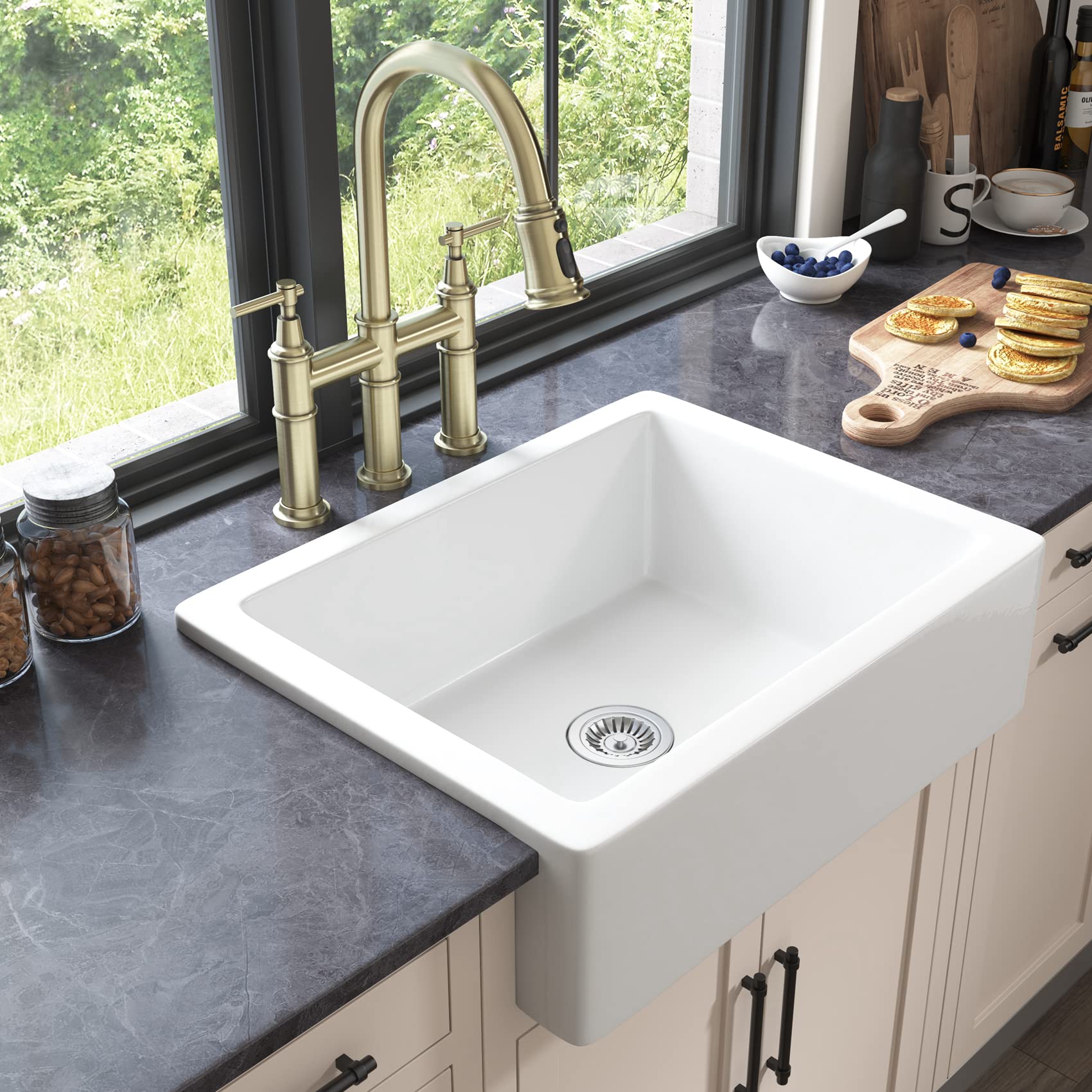 2-Handle High Arch Commercial Kitchen Faucet with Pull Down Sprayer - Solid Brass Gold Finish - 360° Swivel Sprayer for Easy Cleaning - Perfect for Restaurants & Home Kitchens