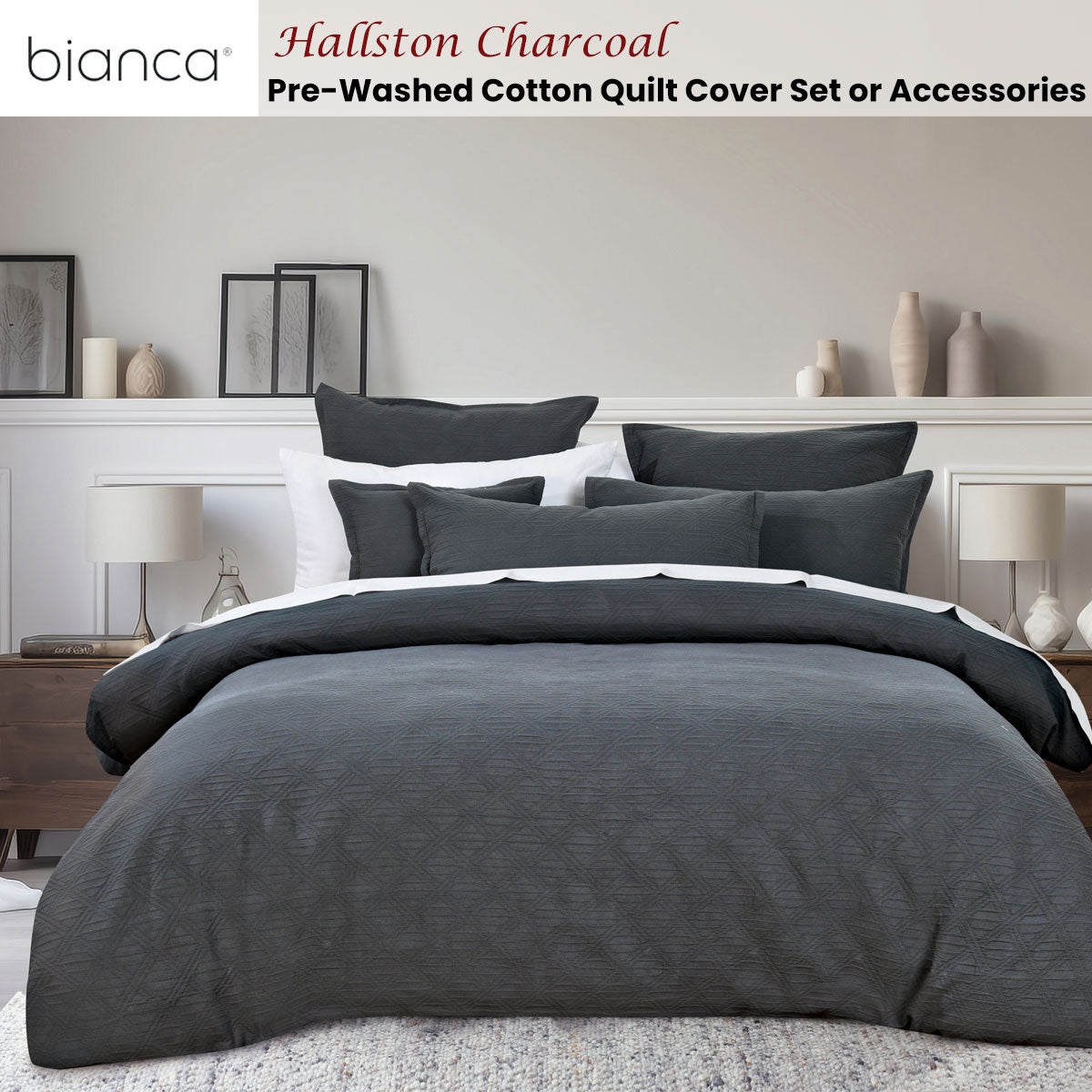 Bianca Hallston Charcoal Pre-Washed Cotton Quilt Cover Set - King Size Bedding for Cozy Nights & Luxurious Comfort - Perfect for Master Bedrooms, Guest Rooms & Hotel Stays