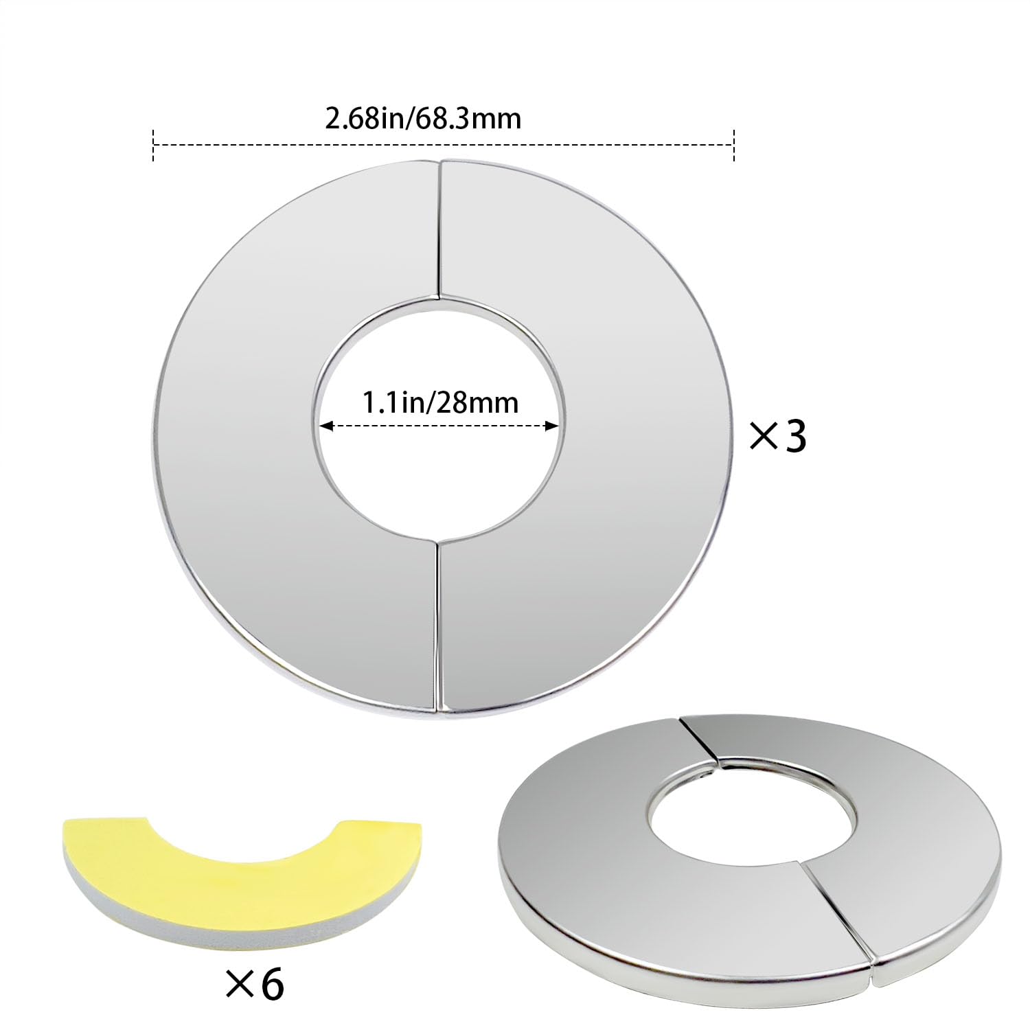 3 Pcs Self-Adhesive Stainless Steel Wall Split Flange Escutcheon Plates - 28mm/1.1 Inch Pipe Hole Cover for Faucet & Plumbing Decoration - Perfect for Bathroom, Kitchen & Utility Pipe Protection