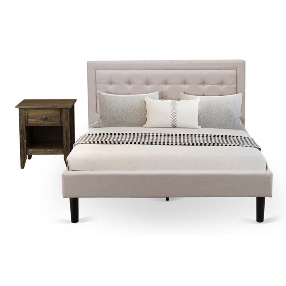 East West Furniture FN08Q-1GA0C 2-Piece Queen Bed Set with Mid Century Nightstand - Sturdy Platform Bed Frame & Nightstand in Mist Beige Linen Fabric - Perfect for Modern Bedrooms, Guest Rooms & Small Spaces