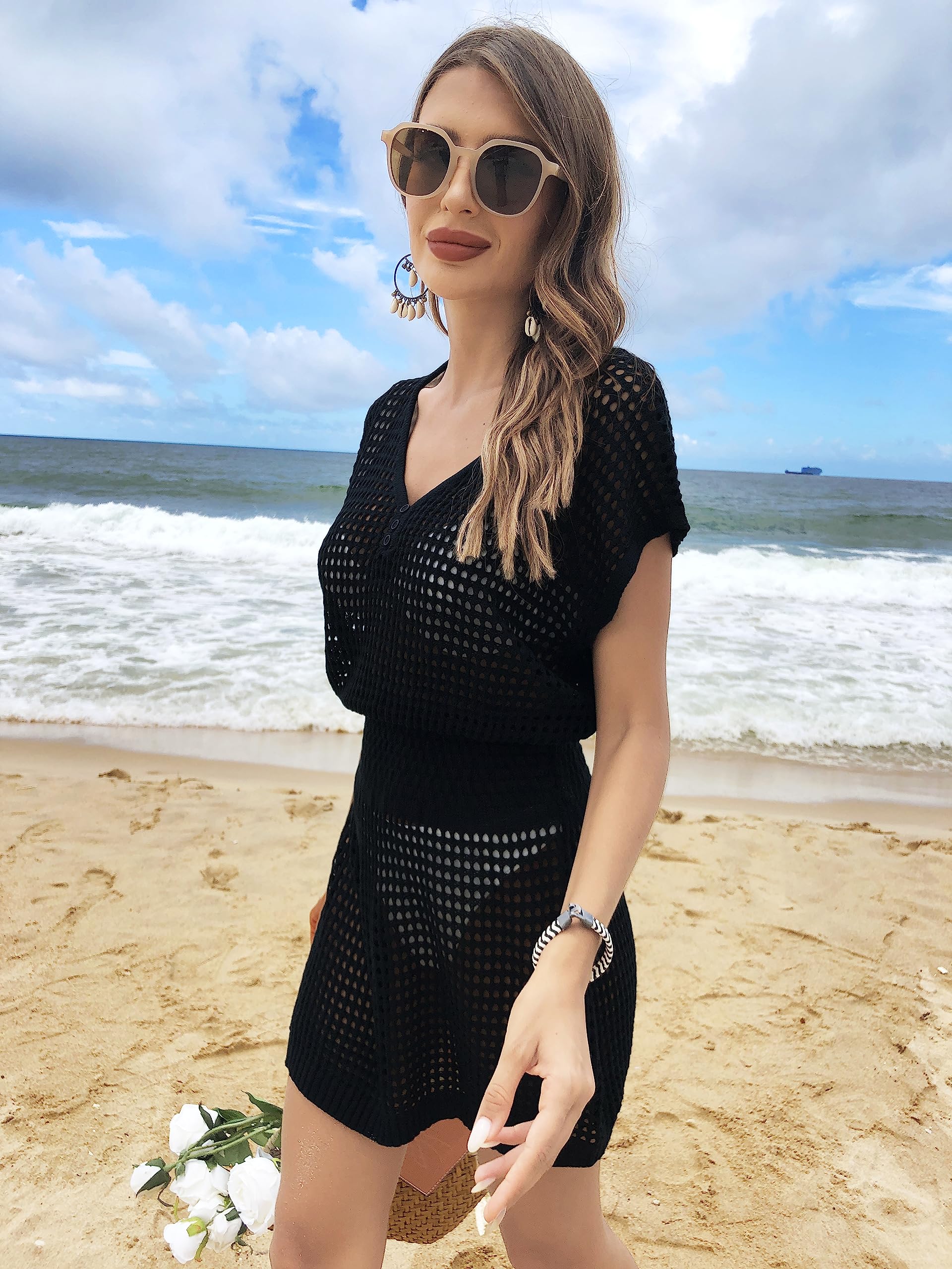 Hount Women's 2025 V-Neck Crochet Beach Cover Up Dress - Stylish Bikini Swimwear Coverup for Pool, Vacation & Summer Outfits
