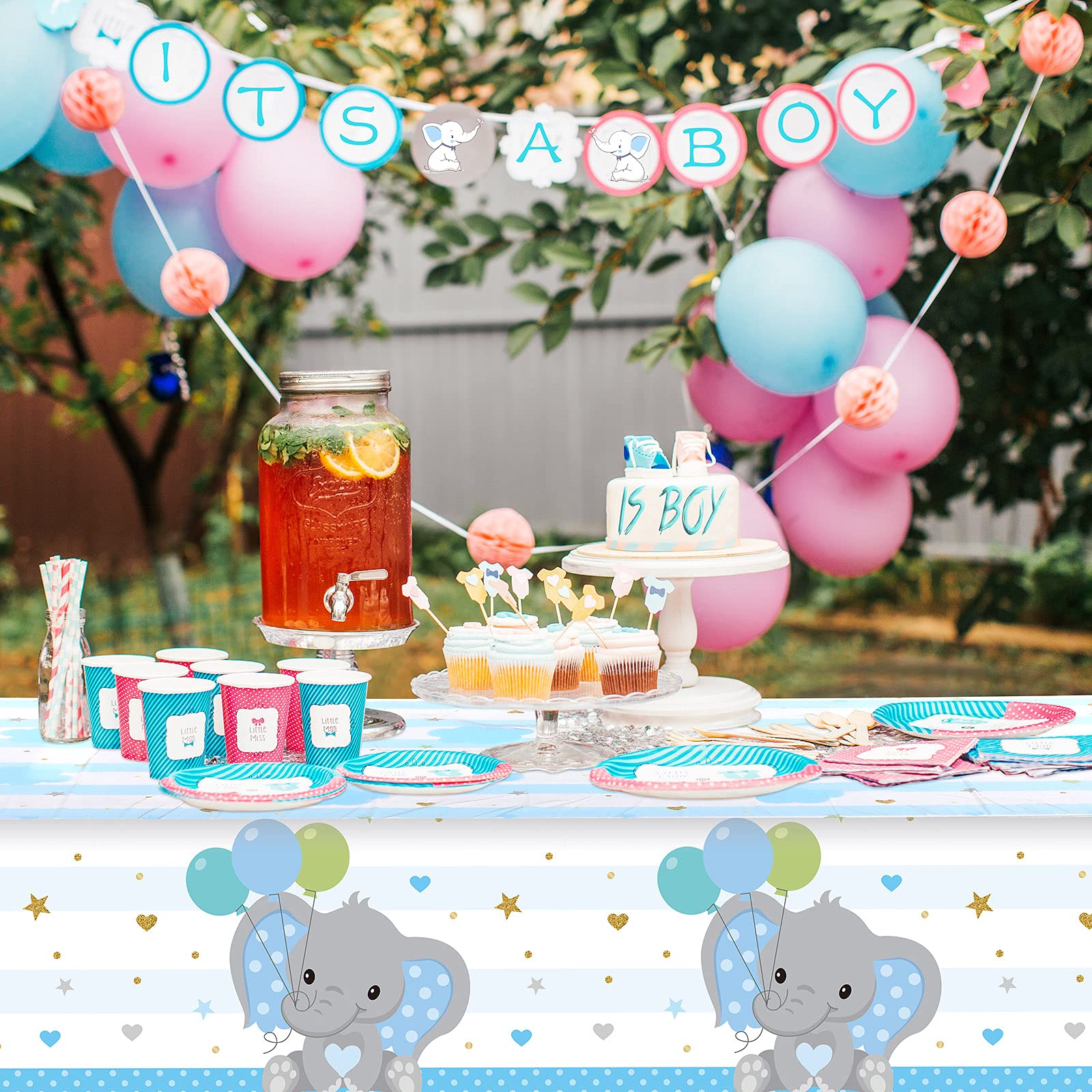 Blue Elephant Baby Shower Tablecloth - 1 Pack Plastic Rectangle Table Cover for Gender Reveal Party Decorations (54