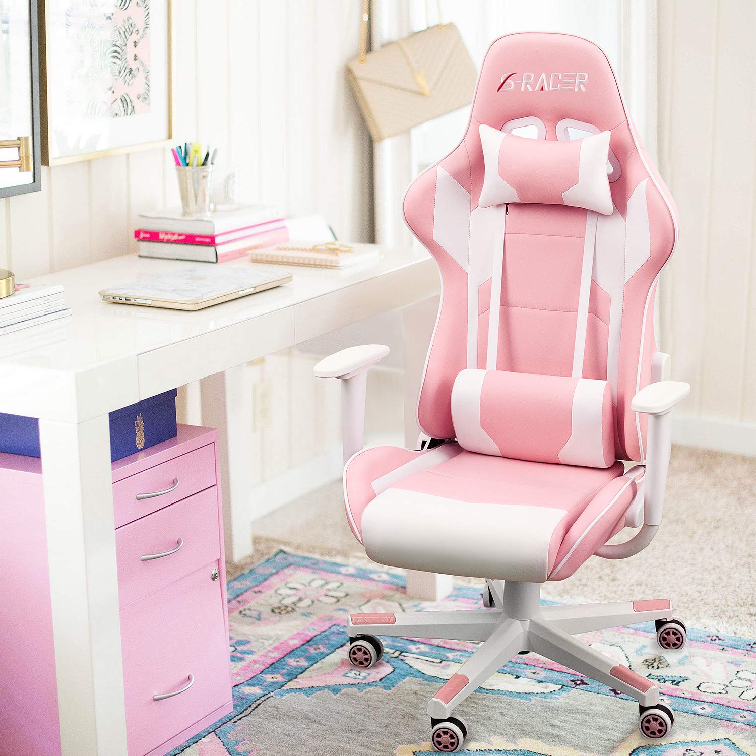 Homall Ergonomic Gaming Chair - High Back Office Chair with Adjustable Headrest & Lumbar Support, Leather Computer Desk Chair for Racing Style Executive Workstation (Pink) - Perfect for Gamers, Home Office & Streaming Setup