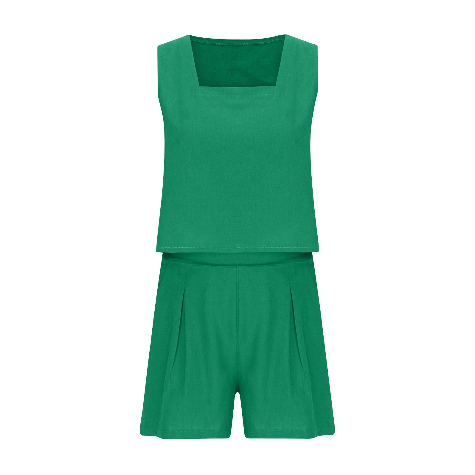 2 Piece Linen Lounge Sets for Women - Square Neck Sleeveless Tank Top & Sweat Shorts | Workout, Athletic, Casual Outfits for Summer, Yoga, Home Wear & Vacation
