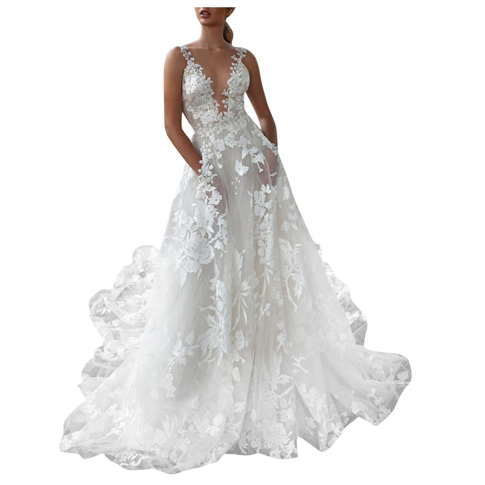 Elegant Lace Women's Dress Sexy Deep V Neck Sling Bridal Wedding Evening Gown - Perfect for Bridal Showers, Formal Events & Romantic Date Nights