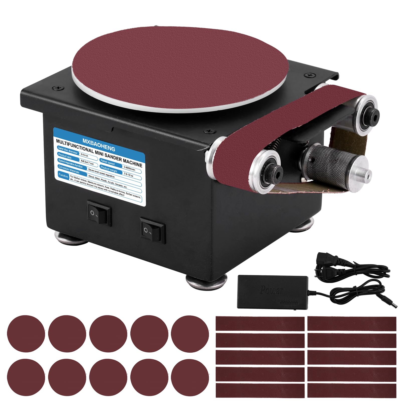 MXBAOHENG 6-Inch Mini Disc Sander & 1.2x15-Inch Belt Sander - 100W Electric Sanding Machine for Wood, Metal, Stone Crafts - 8000 RPM Compact Grinder (Model A) - Perfect for DIY Projects, Jewelry Making & Home Workshop