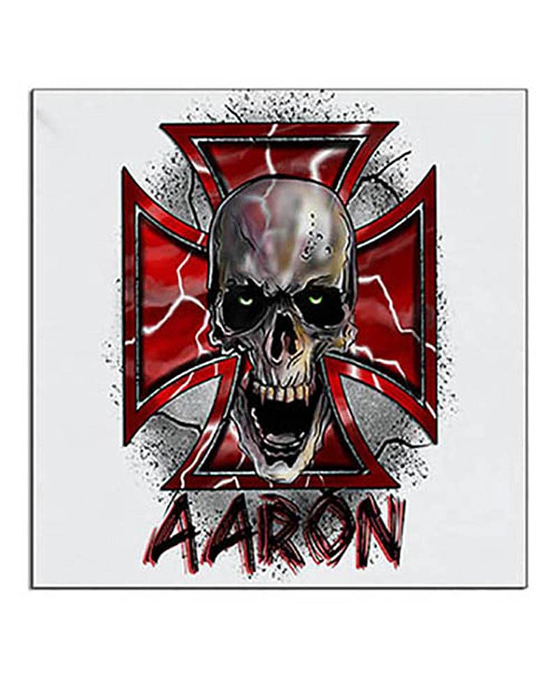 Custom Wicked Skull Maltese Cross Ceramic Coasters - Hand-Painted Digital Airbrush Design - Personalized Drink Coasters for Home Bar, Man Cave & Gothic Decor