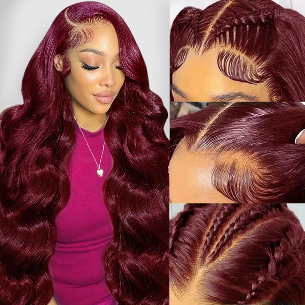 30 Inch Burgundy 99J Body Wave Lace Front Wig - 13x6 HD Transparent Lace Human Hair Wig with Pre-Plucked Hairline & Baby Hair - 200% Density Glueless Lace Frontal Wig for Women - Perfect for Daily Wear, Cosplay, and Special Occasions