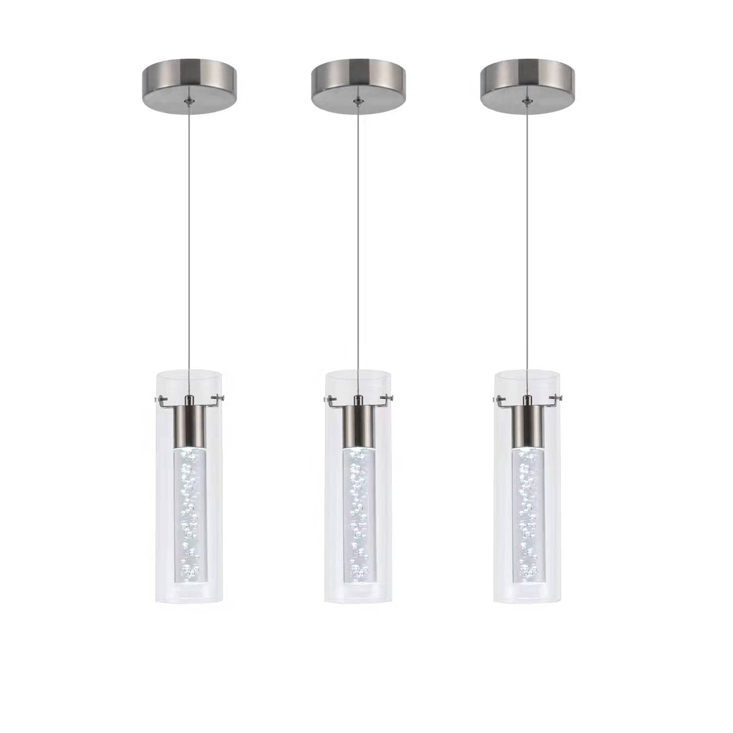 3 Pack Brushed Nickel Pendant Lights - 24W 2100 Lumen 6000K LED Island Lighting for Kitchen, Dining Room & Restaurant | Modern Hanging Fixtures for Home & Commercial Spaces