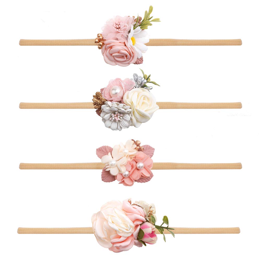 Cherrboll 4-Pack Baby Girl Headbands with Flowers - Ultra Soft Stretchy Nylon Floral Hair Bands for Newborns & Toddlers - Perfect for Photoshoots, Birthday Parties & Daily Outfits