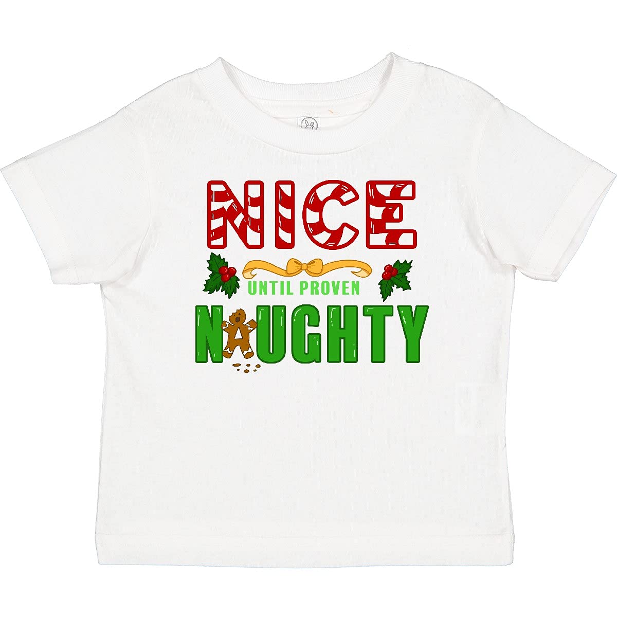 Inktastic Nice Until Proven Naughty with Holly and Gingerbread Man Baby T-Shirt | Christmas Holiday Outfit for Infants & Toddlers | Cute Festive Gift for Boys & Girls