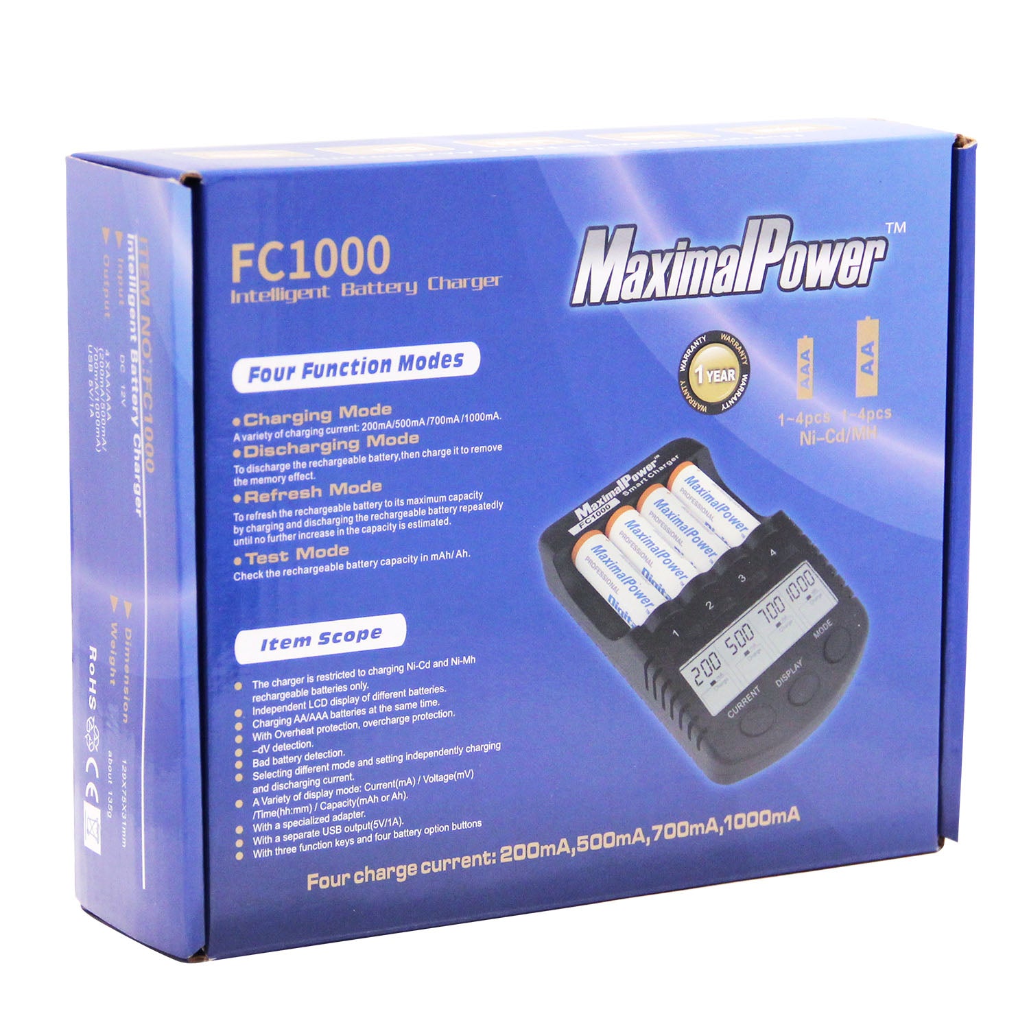 FC1000 Smart Battery Charger & Capacity Tester with USB Port - Fast Charging for AA AAA NiMH NiCd Batteries - Perfect for Home, Office & Travel Use