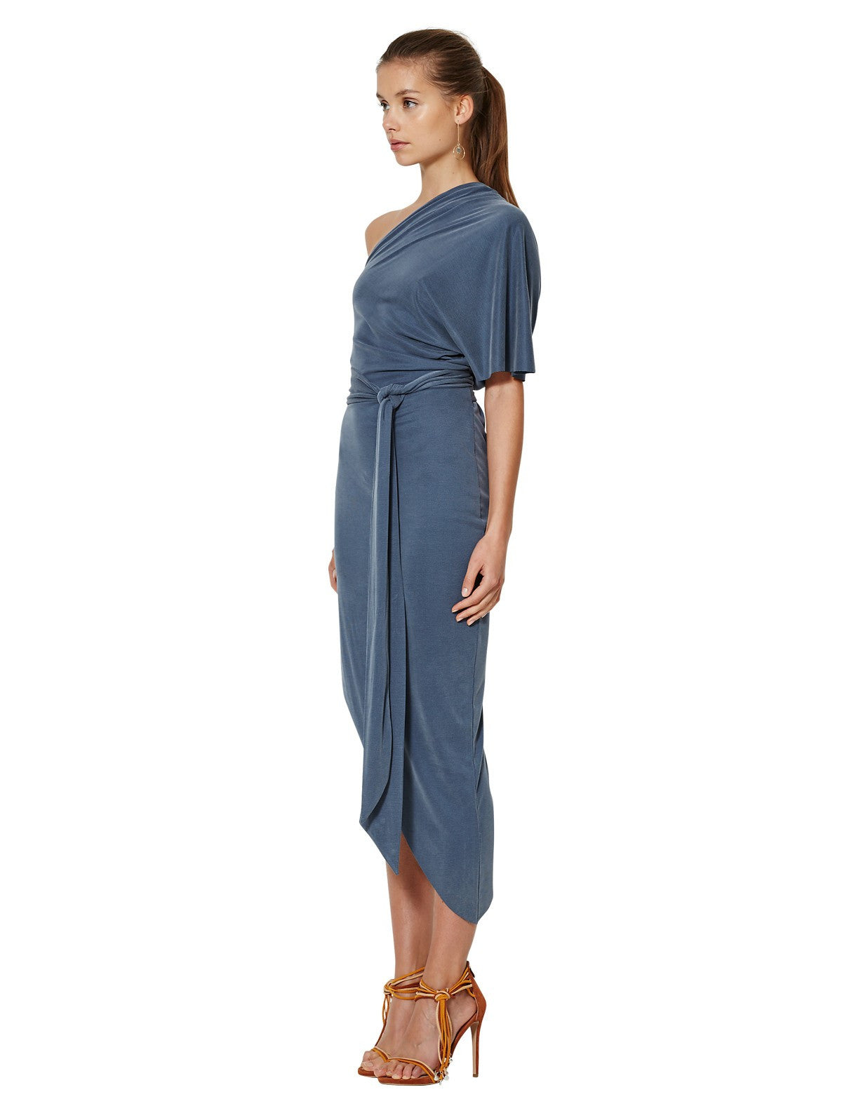 Delphine Asymmetrical Dress for Women | Elegant Steele Blue Midi Dress | Perfect for Cocktail Parties, Date Nights & Special Occasions