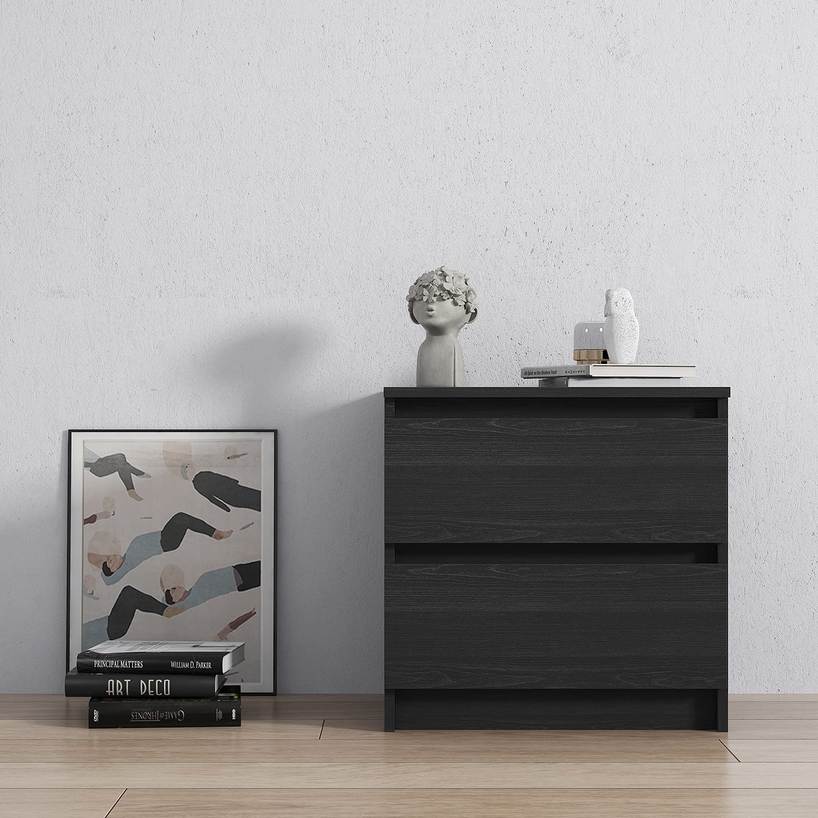 OOTDxvv 2 Drawer Wood Nightstand - Black Woodgrain Bedside Table with Mobile Storage Cabinet | Perfect for Bedroom, Living Room & Office Organization