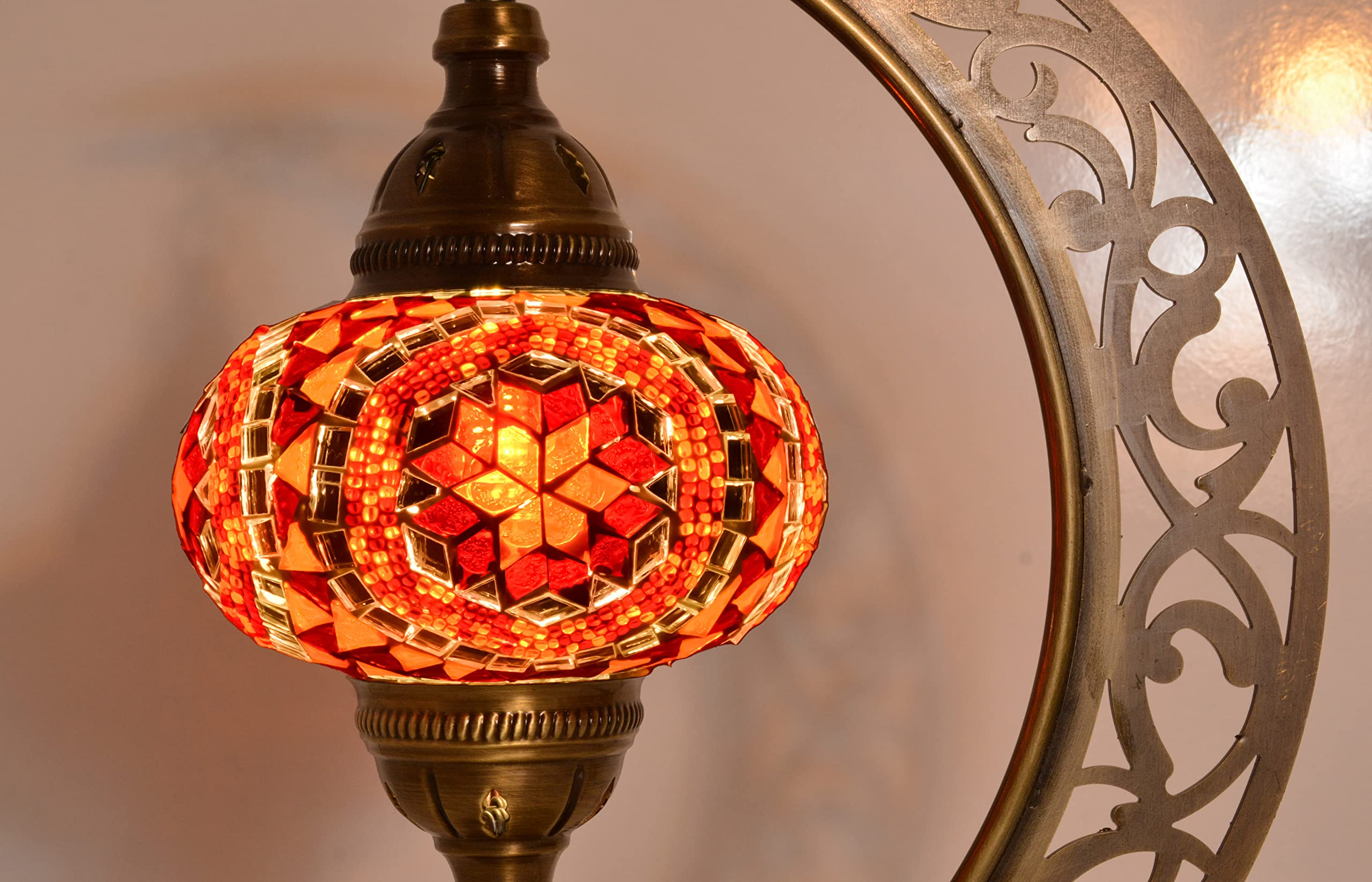 Handmade Turkish Mosaic Crescent Moon Table Lamp - Moroccan Boho Farmhouse Decor with E12 Socket & US Plug (Orange & Red) | Perfect for Bedroom Nightstand, Living Room Accent Lighting & Cozy Home Decor